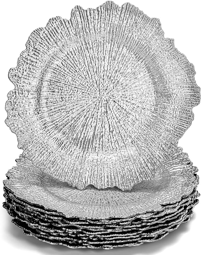 WUWEOT 12 Pack Charger Plates, 12.7" Round Plastic Reef Plate Chargers with Flora Reef Design for Wedding Dinner Party Decoration (Silver)