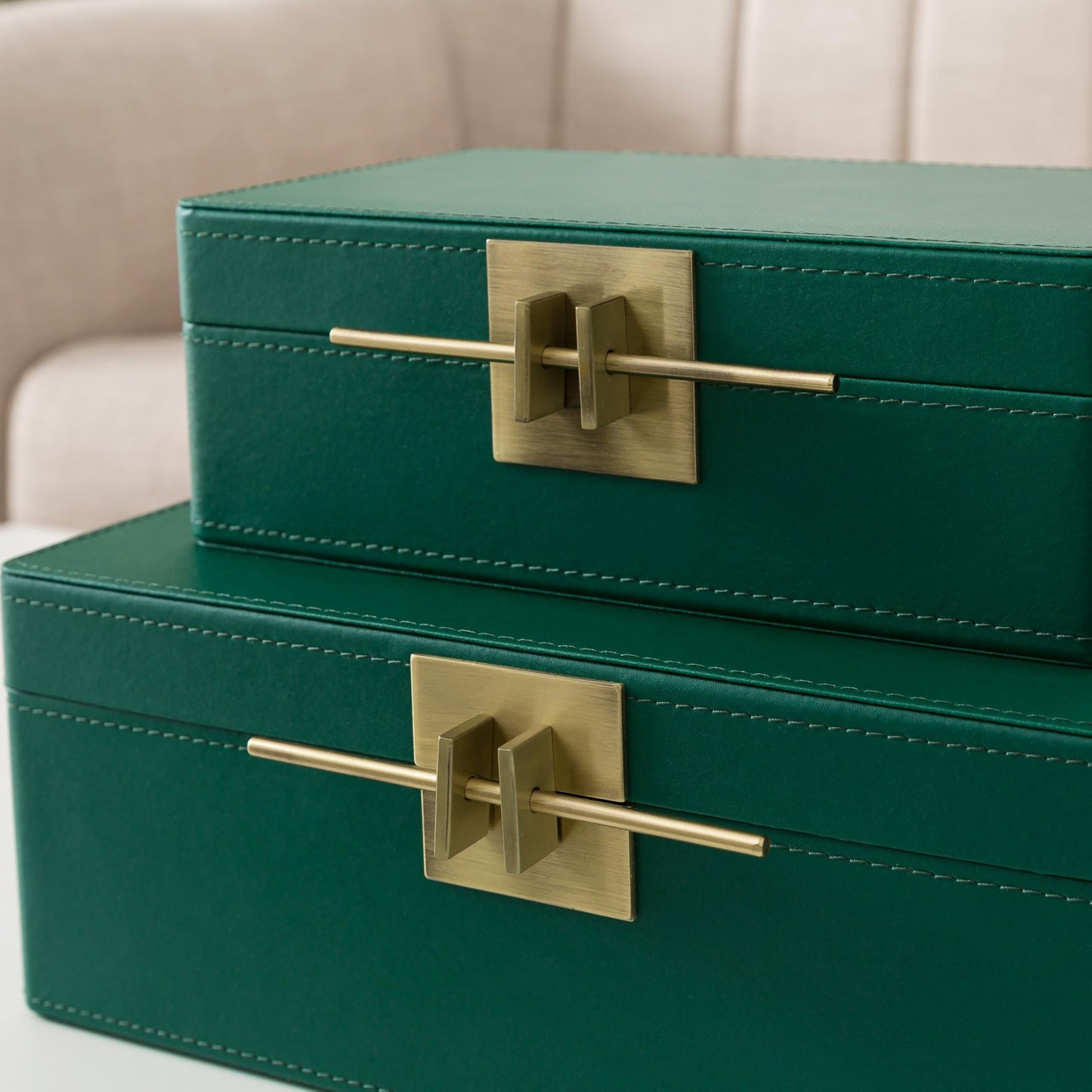 Soul & Lane Faux Leather Decorative Boxes with Lids for Home Decor, Set of 2 Stacking Hinged Boxes for Coffee Table and Living Room Shelves, Remote Control Holder, Emerald Green