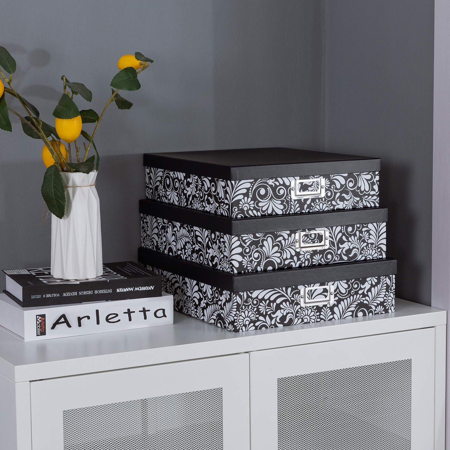 Soul & Lane Modern Botanical Decorative Cardboard Boxes with Lids, Set of 3 Black and White Floral Letter Storage for Documents, Memory Boxes for Keepsakes, Photos, Scrapbooks