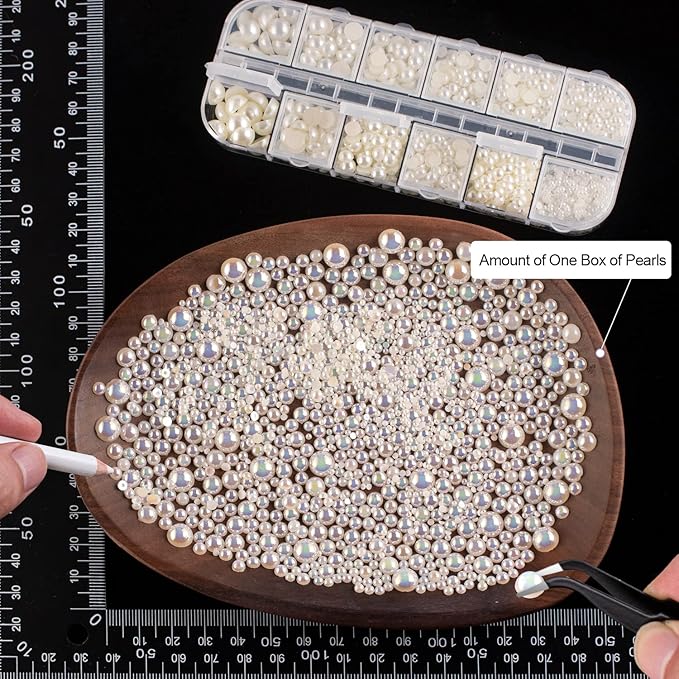 4000PCS Flatback Rhinestones and Half Round Pearls Kit #18, Multi Size Glass Clear Crystals, Plastic Flat Back Beige AB Dome Bead with Pickup Pencil and Tweezer for Nail Art
