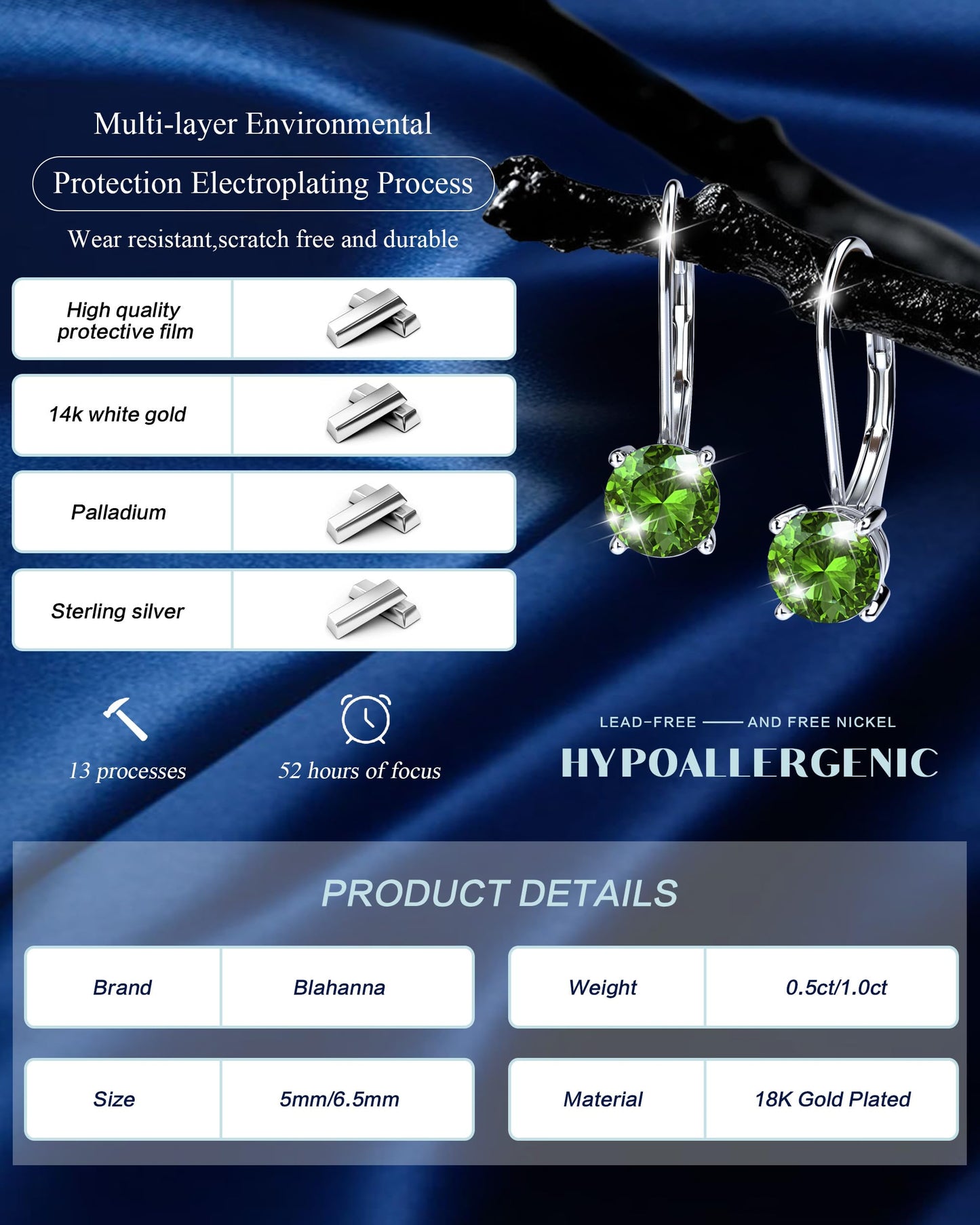 Blahanna Moissanite Earrings,1.0ct-2.0ct D Color Brilliant Round Cut Earrings S925 Sterling Silver Dangle Earrings Moissanite Leverback Drop Earring