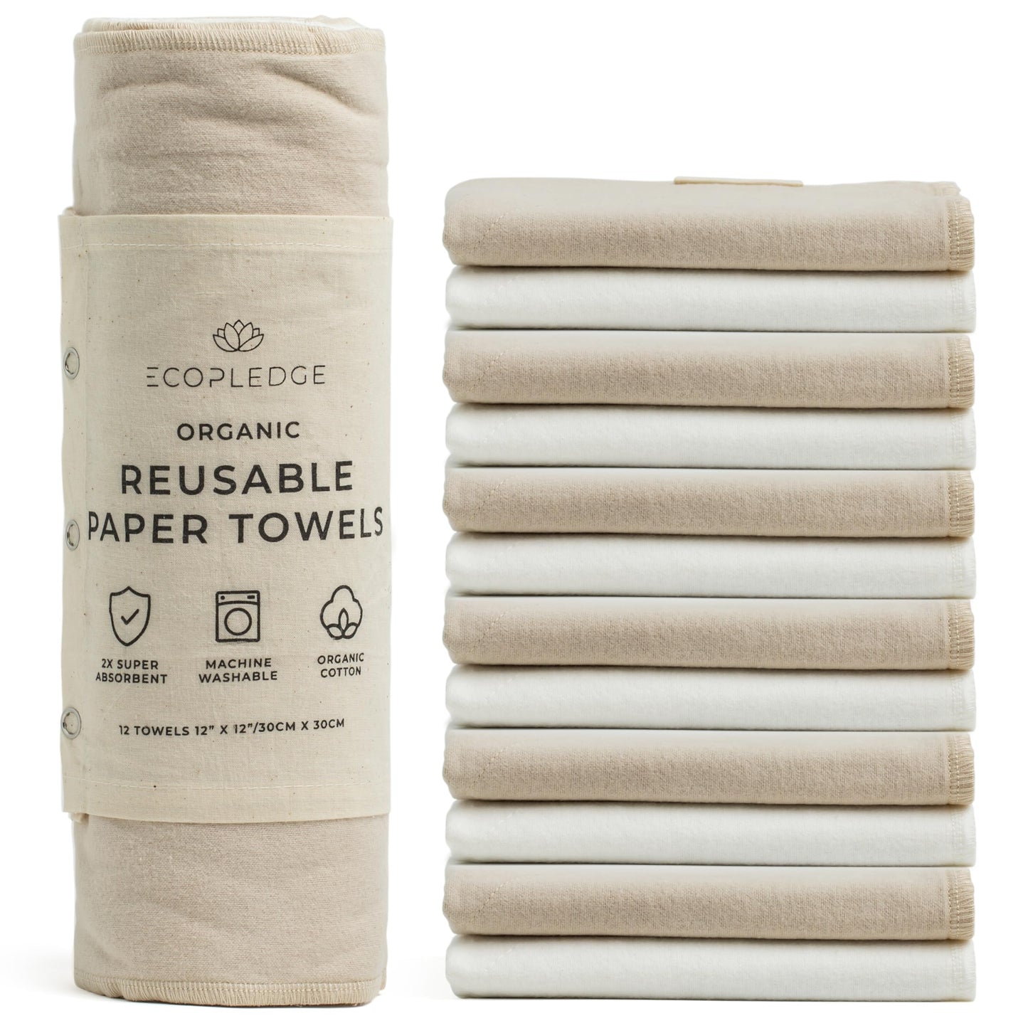 EcoPledge Reusable Paper Towels Washable Roll - Thick 12-pc Two Layered Ultra Absorbent Paperless Certified Organic Cotton Towels - Large Cloth Kitchen Paper Towel with Hanging Loop