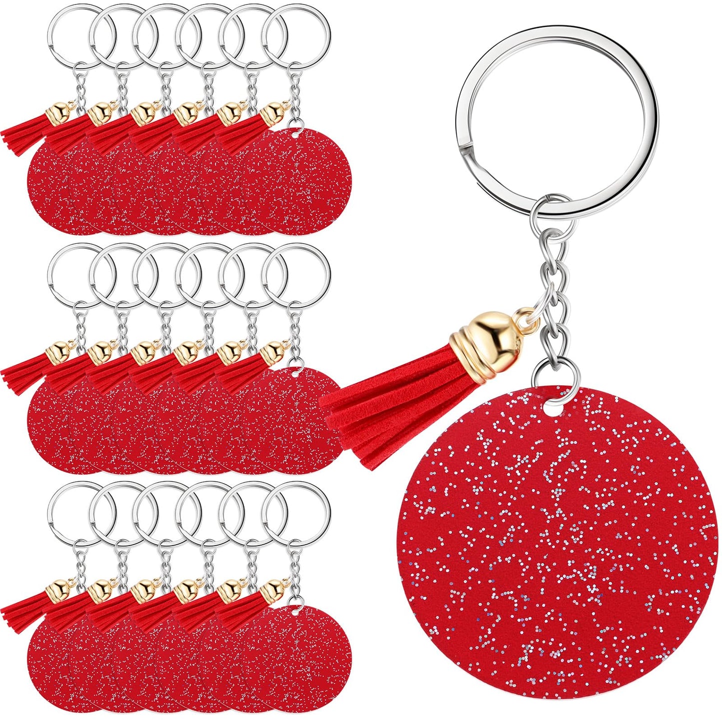 Sureio 20 Set Acrylic Keychain Blank with Key Rings 20 Pcs 1.97'' Glitter Acrylic Blanks 20 Pcs Keychain Tassels for DIY (Red,Glittery)
