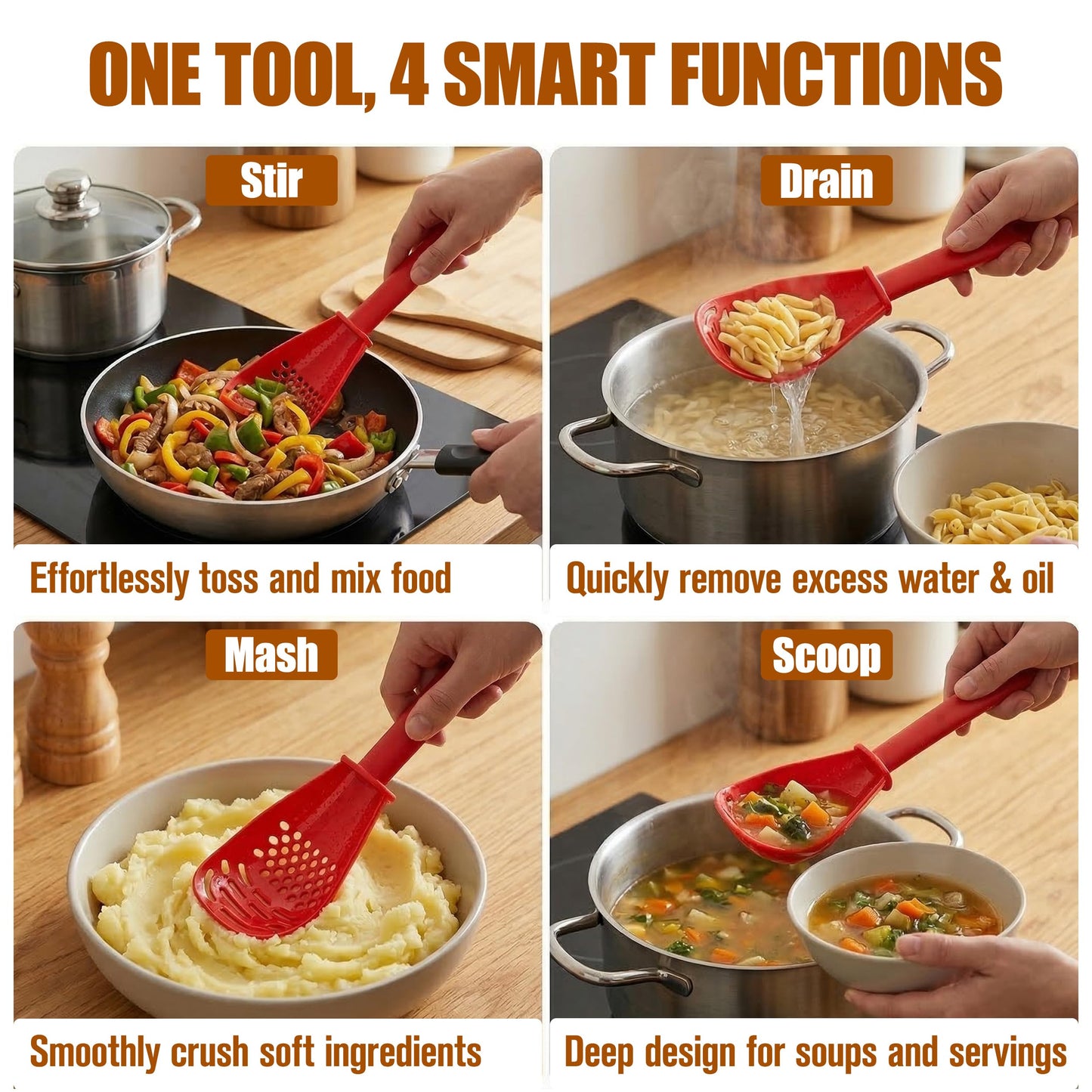 2 Pieces Multi Function Spoon Spatula Set, Multifunctional Kitchen Utensils, 6 in 1 Silicone Slotted Spoonula with Wood Handle, Non Stick Scratch Heat Resistant Design Cookware for Serving & Stirring