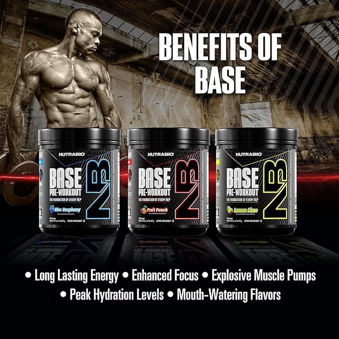 NutraBio Base Pre-Workout Powder 200mg Caffiene, Sustained Energy, Focus, Endurance, Pump, Sugar Free, Clean Preworkout for Men and Women - Beta Alanine, L-Tyrosine, 30 Servings - Lemon Lime