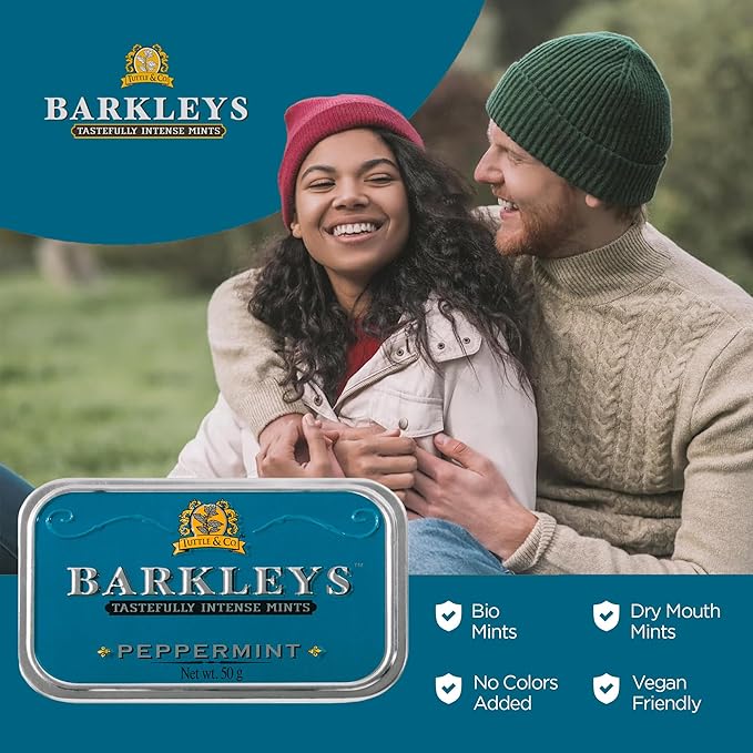 Barkleys Peppermint Breath Mints - Breath Mint, Mints Travel Size, After Dinner Mints, Peppermints Breath Freshener, Peppermint Candy in Reusable Classic Travel Tin, Vegan, 1 Pack - 50 Count Each