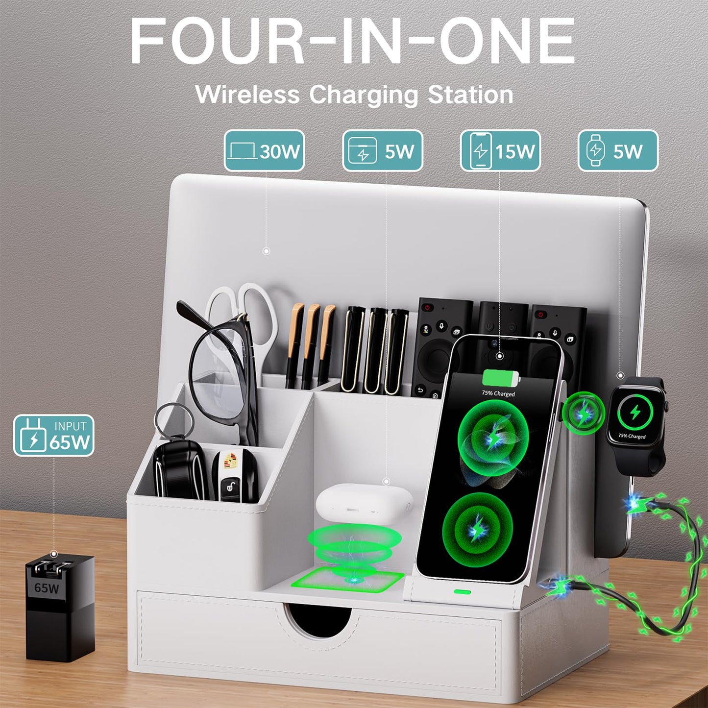 Sleek White PU Leather Charging Station with Drawer - 6-in-1 Multi-Device Desktop Organizer Docking Hub for iPad, Tablet, Laptop, Phone, Watch, Office Home Gift Idea