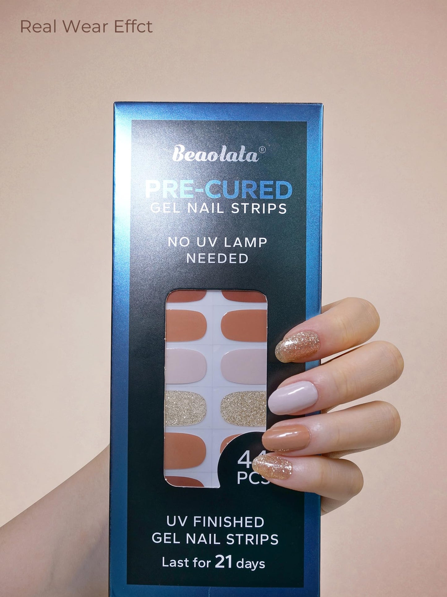 Beaolata Real Gel Nail Strips (No UV Light Needed) - 44Pcs Salon Quality Nail Stickers - Long Lasting Polish Wraps for Women, Easy Apply & Remove (Cinnamon Brown