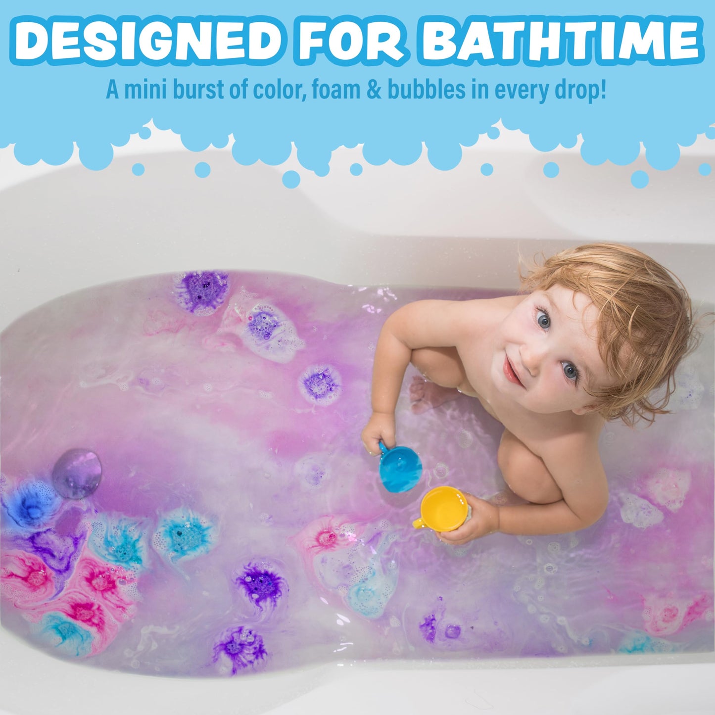 Tub Works® Lil' Bursts™ Mini Bath Bombs for Kids, 90 Count, Cosmic | Nontoxic | Tiny Kids Bath Bombs with A Burst of Color, Foam & Bubbles | Customize Kids Bath with Fun Bath Colors | Create Tub Art
