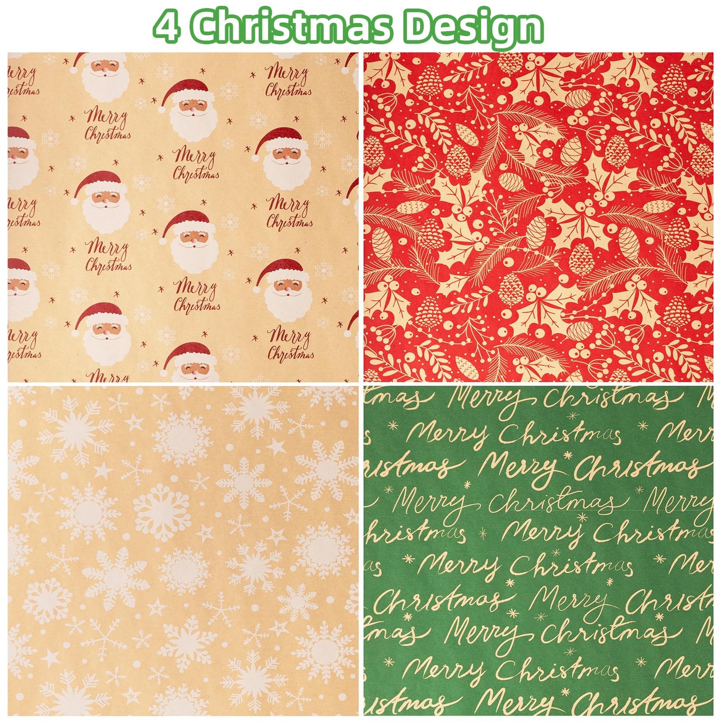 Christmas Kraft Wrapping Paper (4 Rolls, 93 sq. ft. ttl) Santa Claus, Snowflakes, Merry Christmas Script, Pinecones and Foliage Patterns for Holiday Gift Wrap - 17 Inches x 16.5 Feet Per Roll