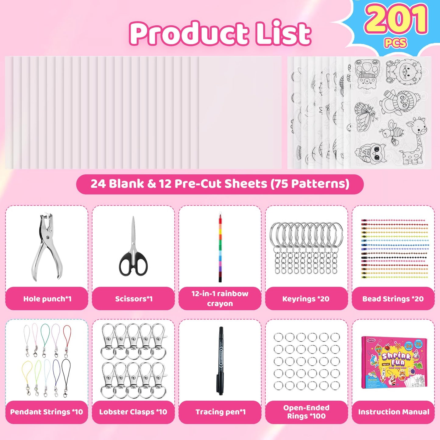 201pcs Shrink Paper Keychain Kit, 24 Blank & 12 Pre-Cut Sheets (75 Patterns) Crafts Kits for Kids Adults, Shrinking Art Activity Set with Hole Punch & Keychain Jewelry Accessories for DIY Crafts