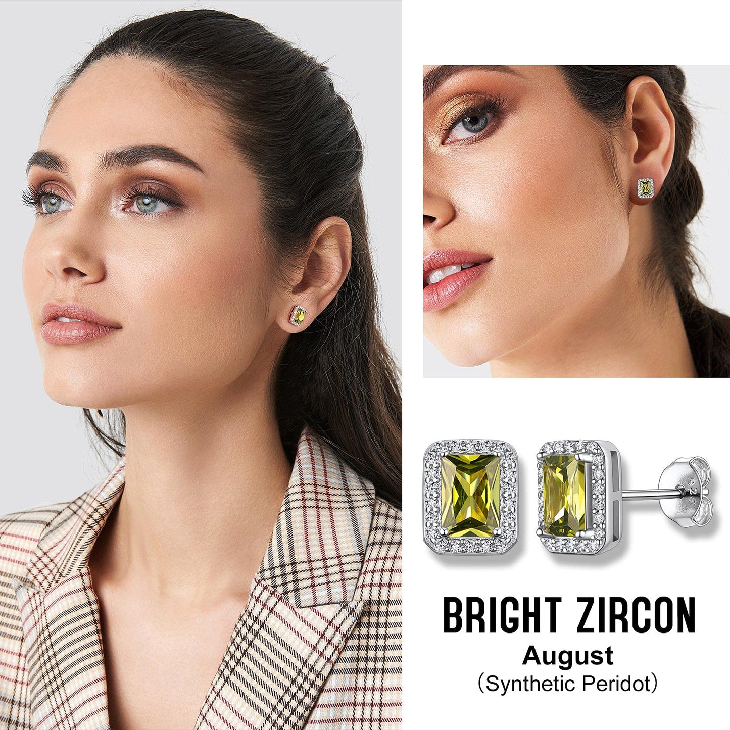 Bestyle 925 Sterling Silver Infinite Birthstone Square Stud August Peridot Birthstone Earrings, Dainty Love Statement Stud Earrings, Birthday/Valentines/Christmas Gift for Women/