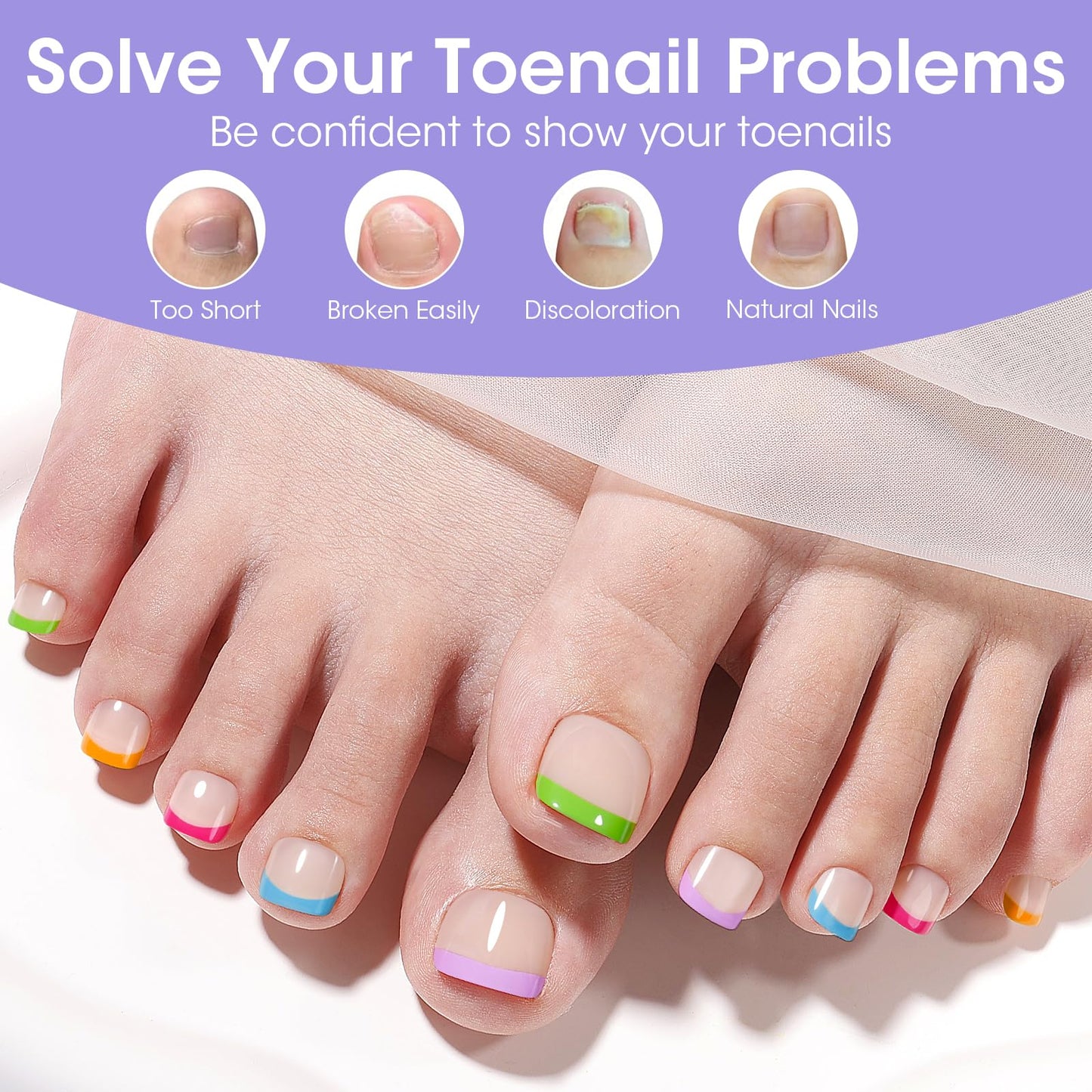 French Tip Toe Nail Tips Press on, Gellen Toe Nail Press ons Short Brighter Pastel, Chip-free Soft Gel Toe Nail Tips Full Cover Pre-designed for Fast Pedicure, 15 Sizes 150pcs Summer Fake Toenails