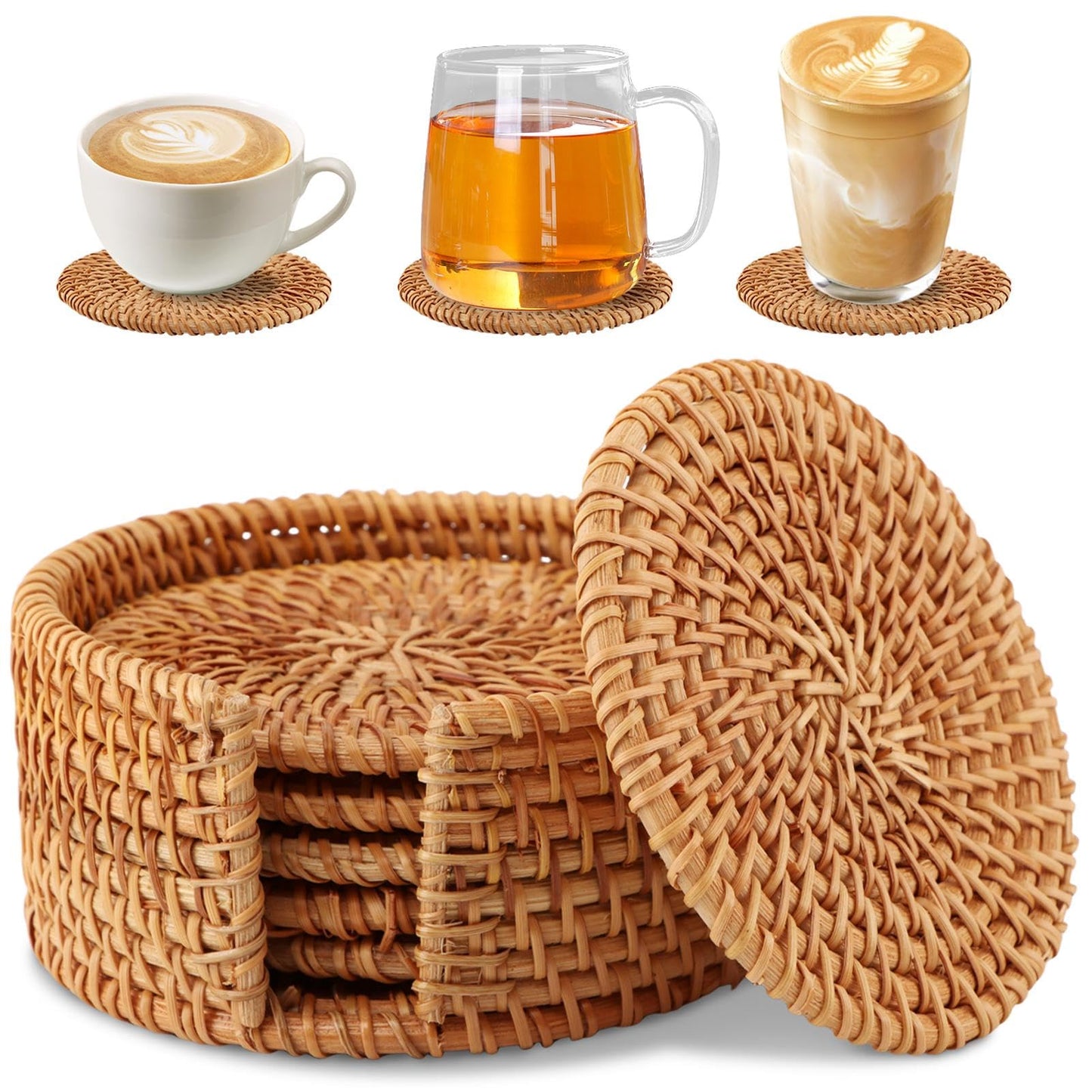 6pcs Handmade Rattan Coaster Set with Holder - Wicker Coasters, Heat-Resistant Drink Coasters for Coffee Table, Housewarming Gifts, Home Decor