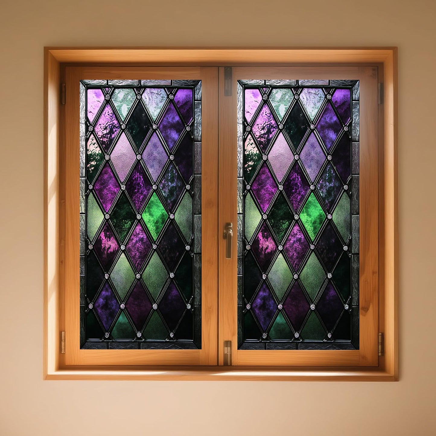 IVN Privacy Window Film Stained Glass Window Cling Purple and Green Diamond Design Decorative Static Cling Window Sticker for Bathroom Kitchen Entry Door 17.7 x 39.3 Inch
