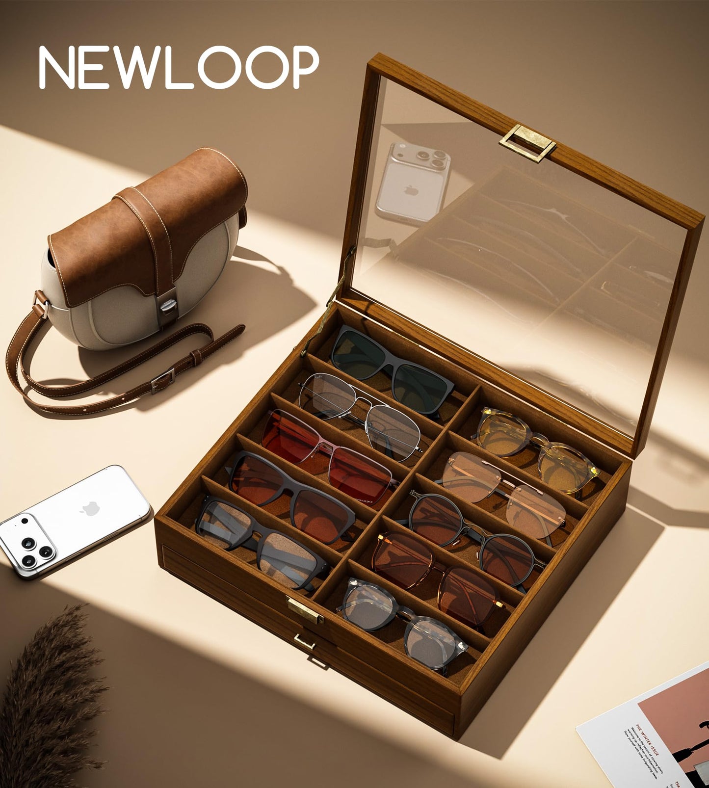 NEWLOOP Sunglasses Case Storage Organizer - Sunglass Organizer See-through Display Case Multiple Pairs Glasses Holder Stand 2-layer Eyeglass Jewelry Watch Collection Box for Men Wooden