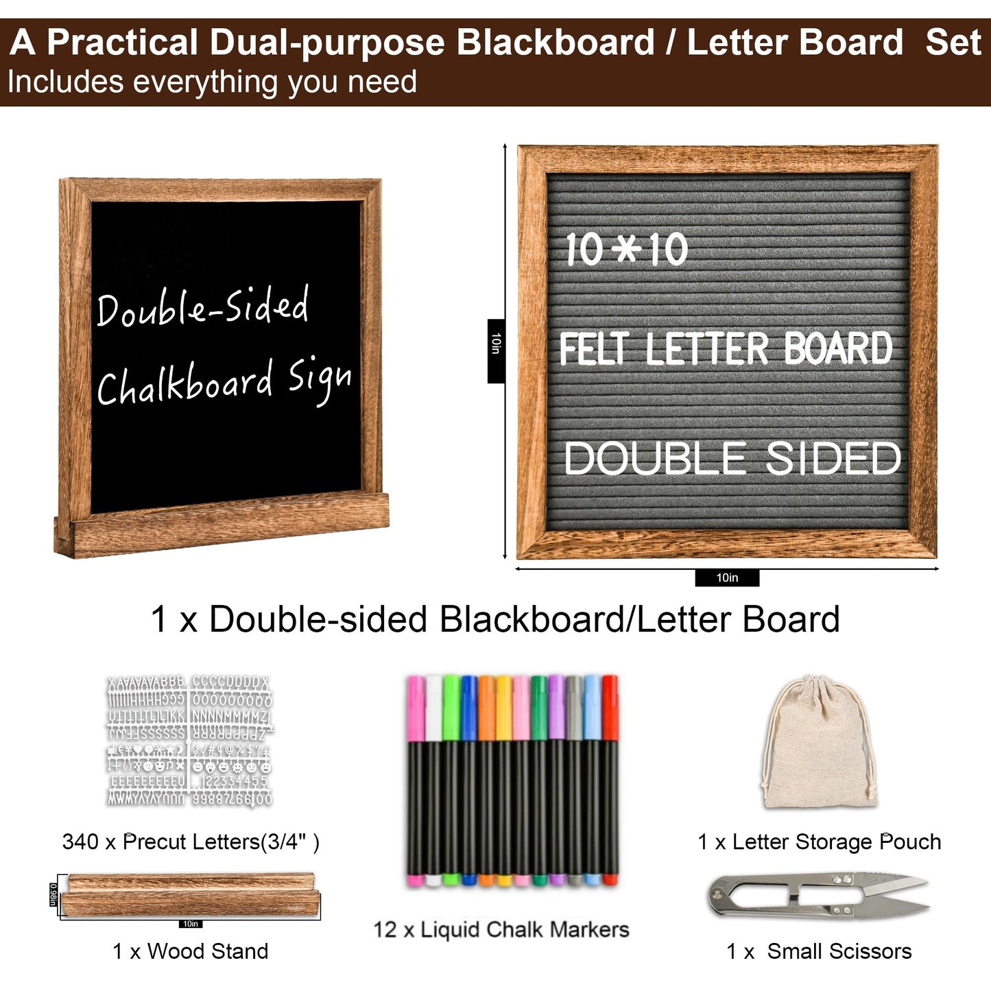 10" x 10" Double Sided Chalkboard Sign with Stand, Small Chalk Board Blackboard Wood Frame Felt Letter Board with 12 Chalk Markers and 340 Letters (Brown)