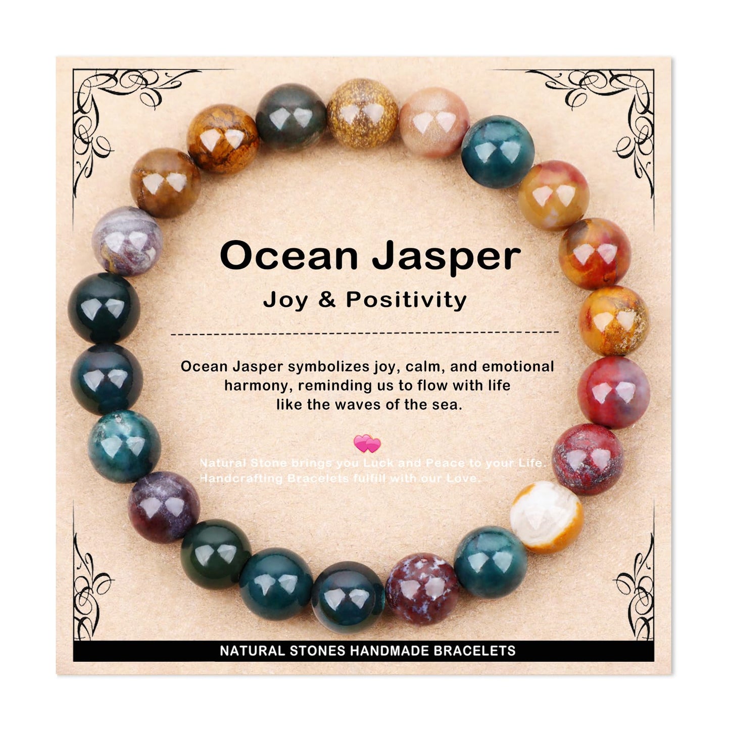 AD Beads 8mm Handmade Ocean Jasper Elastic Bracelet – Natural Gemstone for Joy & Positivity – Meditation, Yoga, Healing and Energy Gift for Men Women