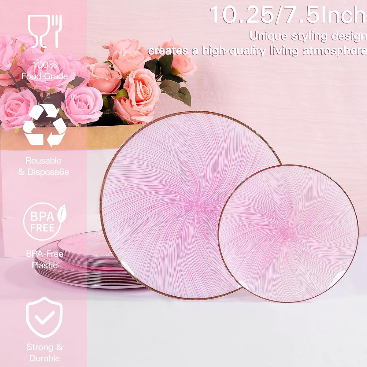 LIYH 60 Pcs Pink Plastic Combo Plates Set - Heavy Duty Pink Scalloped Plastic Disposable Plates for Party - 10.25" Dinner & 7.5" Dessert Plate 30 Guests