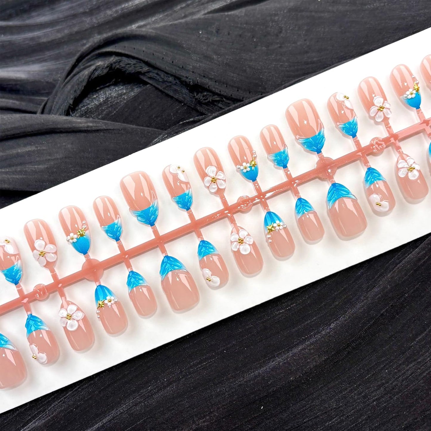 30Pcs Summer Blue FrenchPress on Nails Medium Almond ShapeFake Nails Press on with French Tip and 3d Flower Design Nude Base Spring and Daily for Women