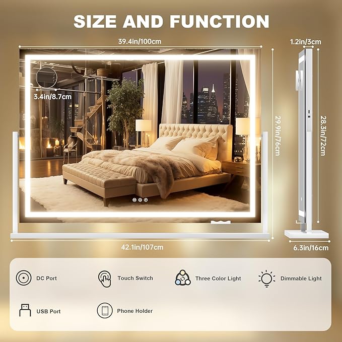 Hasipu Vanity Mirror with Lights, 39.4" x 28.3" LED Makeup Mirror, Light up Mirror with 10X Magnification and Phone Holder, USB Charging Port, Smart Touch 3 Colors Dimmable (White)