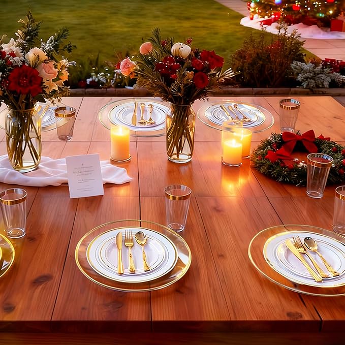 13 Inch Charger Plates, 16 Pack, Clear Charger Plates with Gold Rim, Heavy Duty Disposable Plastic Chargers for Dinner, Elegant Dining, Wedding, Party, Formal Event Decoration (16, Gold)