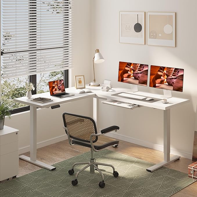 L-Shaped Standing Desk, 71 x 63 Inches Height Adjustable Desk with Storage, Sit and Stand up for Work Office Home, Ergonomic Rising Computer Table for Home Office with Splice Board, White