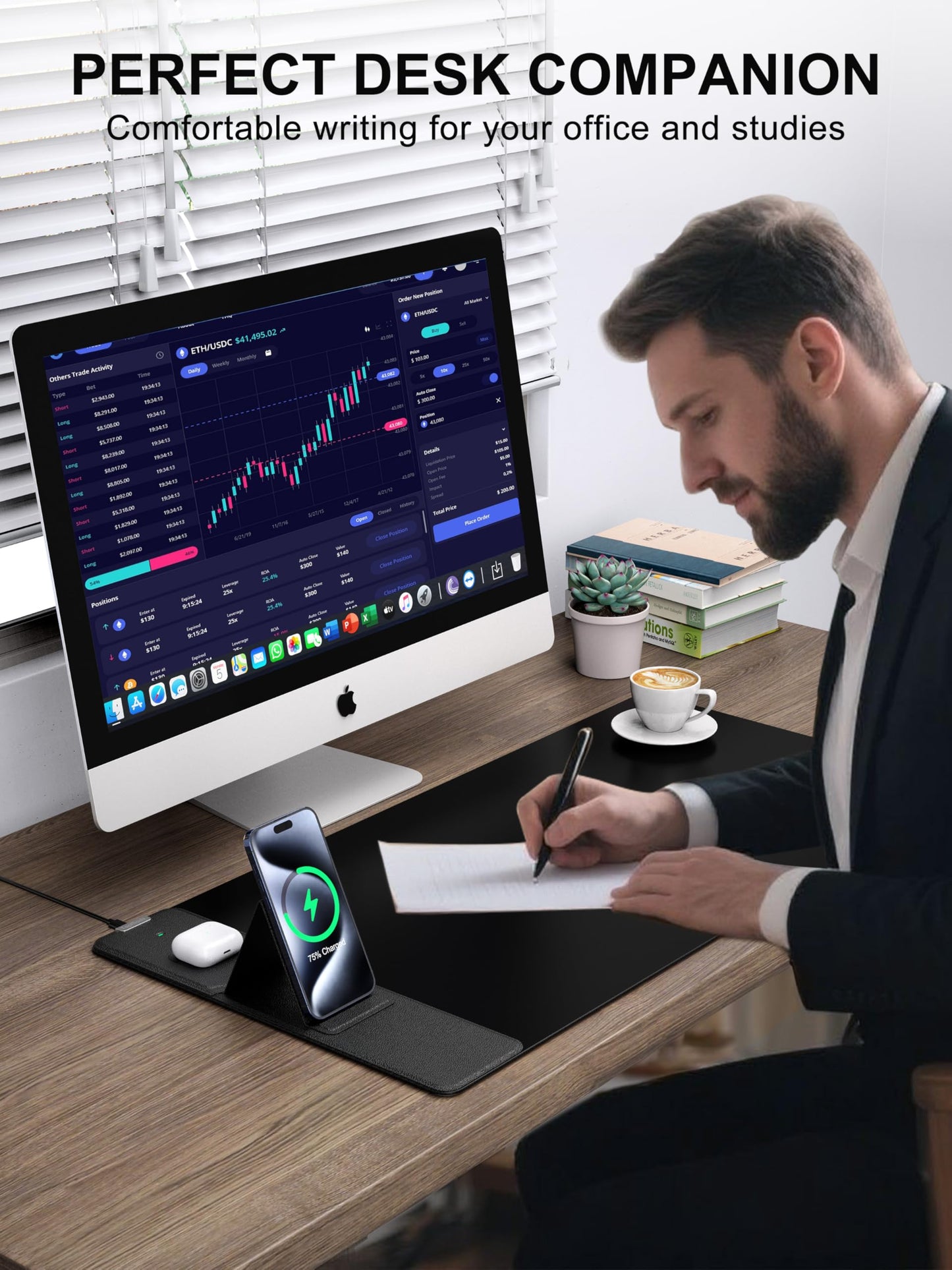 Wireless Charging Mouse Pad with Foldable Phone Holder, 31.5" x 15.8" XXL Large Desk Pad, Gaming Mousepad with Ultra-Smooth Surface, Non-Slip Base, Black Waterproof Desk Mat, with 20W PD Charging Kit
