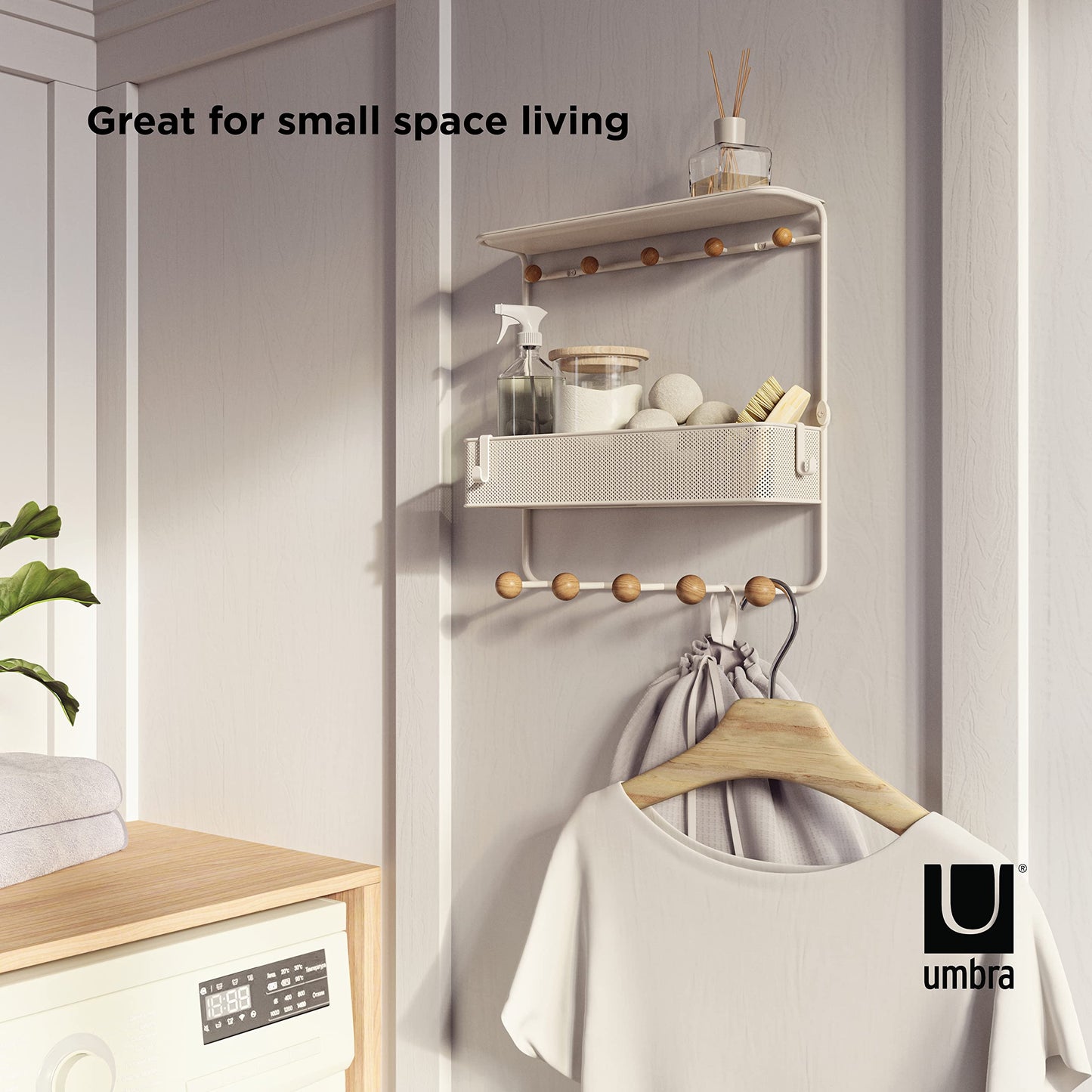 Umbra Estique Entryway Organizer Storage Solution with Cubby Bin, Shelf and Hooks for Keys, Mail, Glasses, Wallet, Purse, Hat, and More, White
