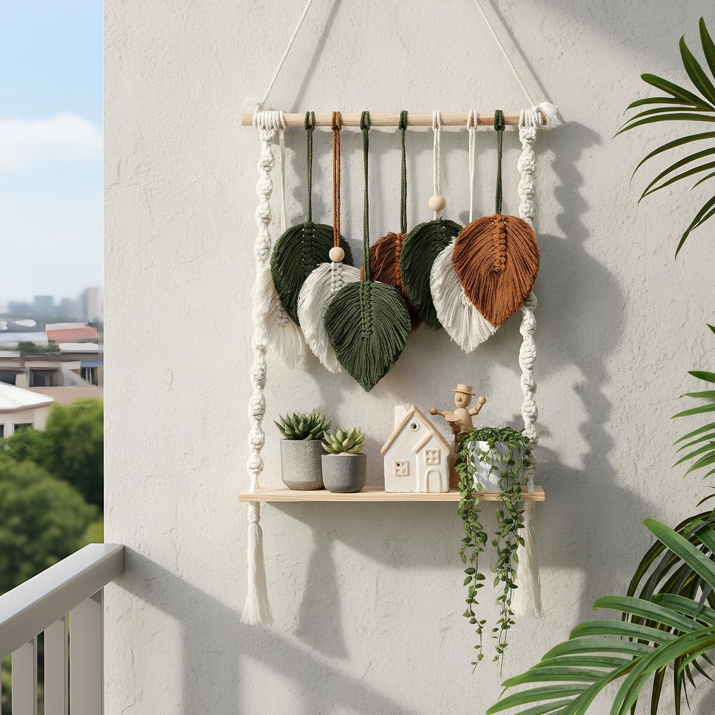 Fiwochic Single Tier Macrame Boho Wall Hanging Shelf Handmade Bohemian Wooden Woven Floating Storage Shelves Decor Photos Plants Display Shelving for Nursery Bathroom Bedroom Living Room