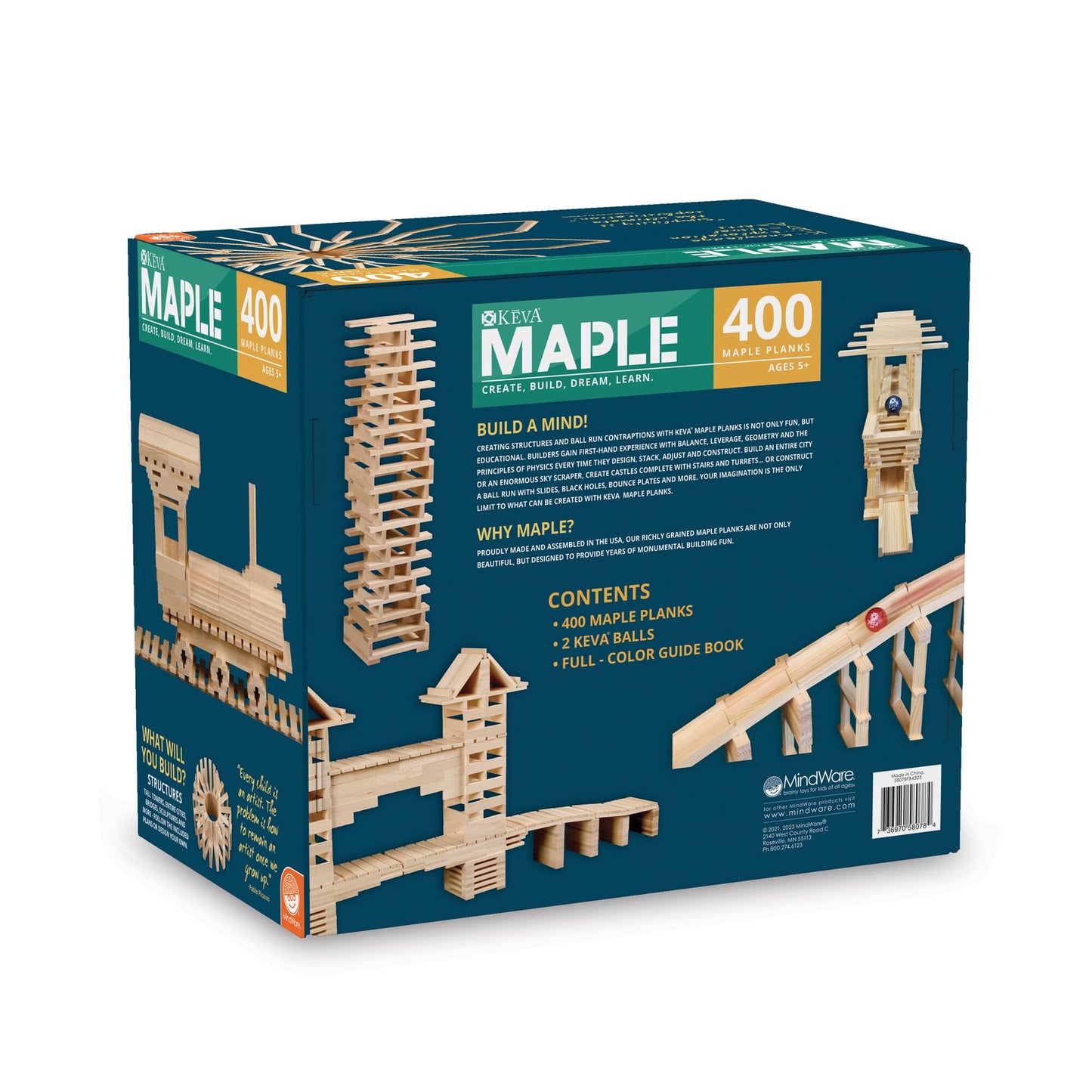 MindWare KEVA 400 Maple Wood Building Planks Set - Building Toy Includes 400 Wooden Blocks, 2 KEVA Balls, and Idea Book - Ages 5+
