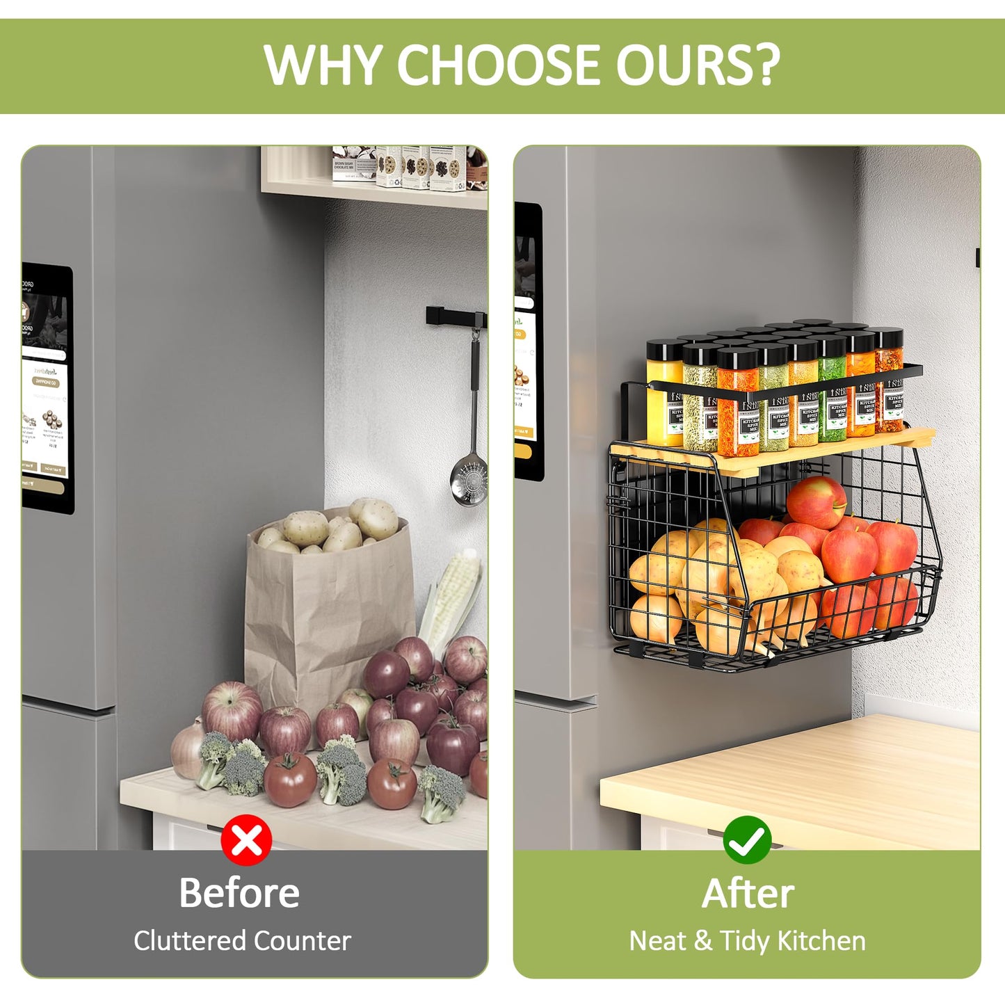 GGIU Magnetic Shelf for Fridge with Lid: 2 Pack Fruit Potato and Onion Storage Bin - Magnetic Spice Rack for Refrigerator & Kitchen Counter - Pantry Organizers and Storage