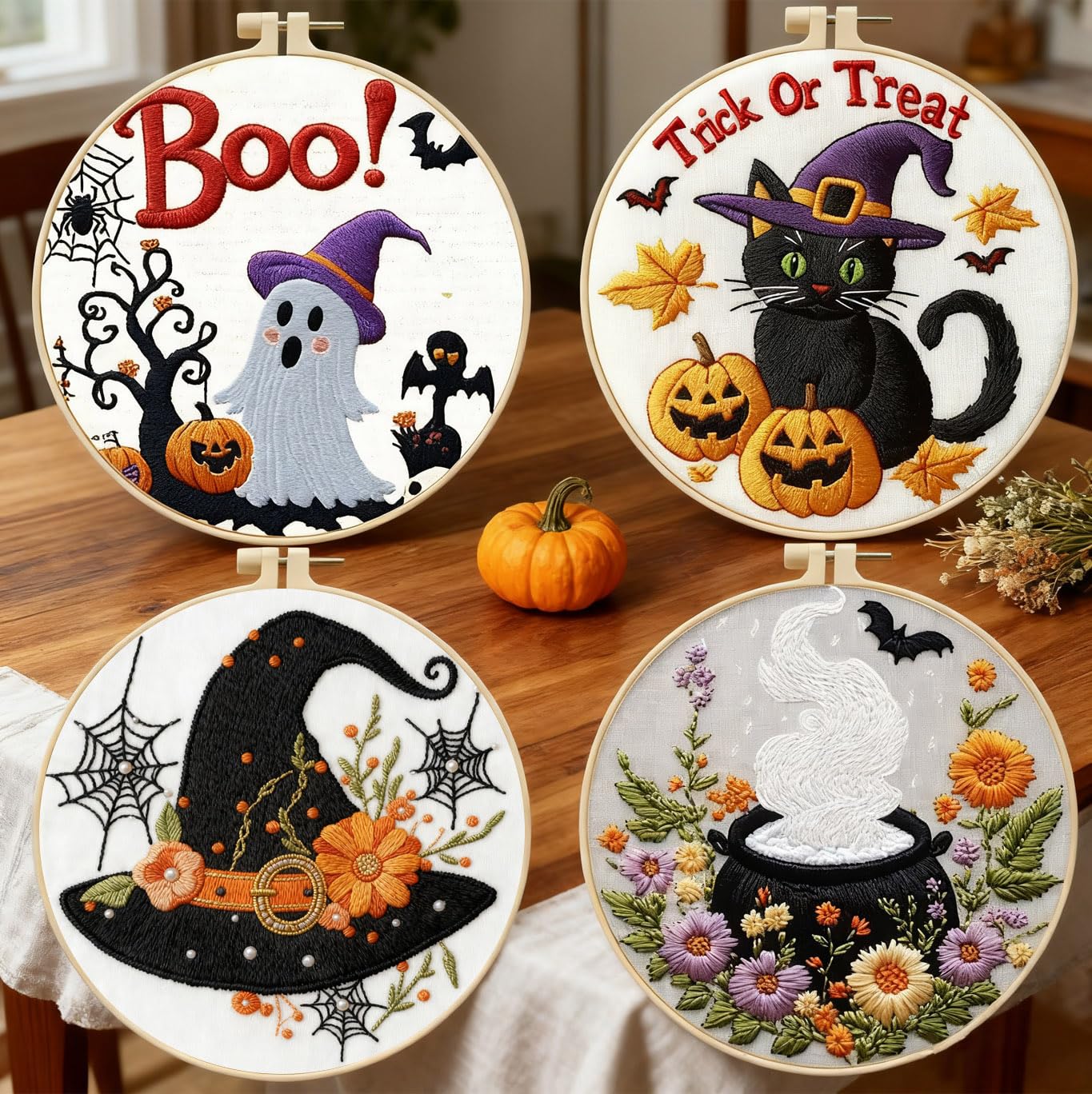 Zhenqing 4-Piece Halloween Embroidery Kit for Beginners - Spooky Ghost, Witch Hat, Black Cat & Cauldron Designs with Pre-Printed 29x29cm Cotton Fabric, Hoop, Threads & Tools(C0165)