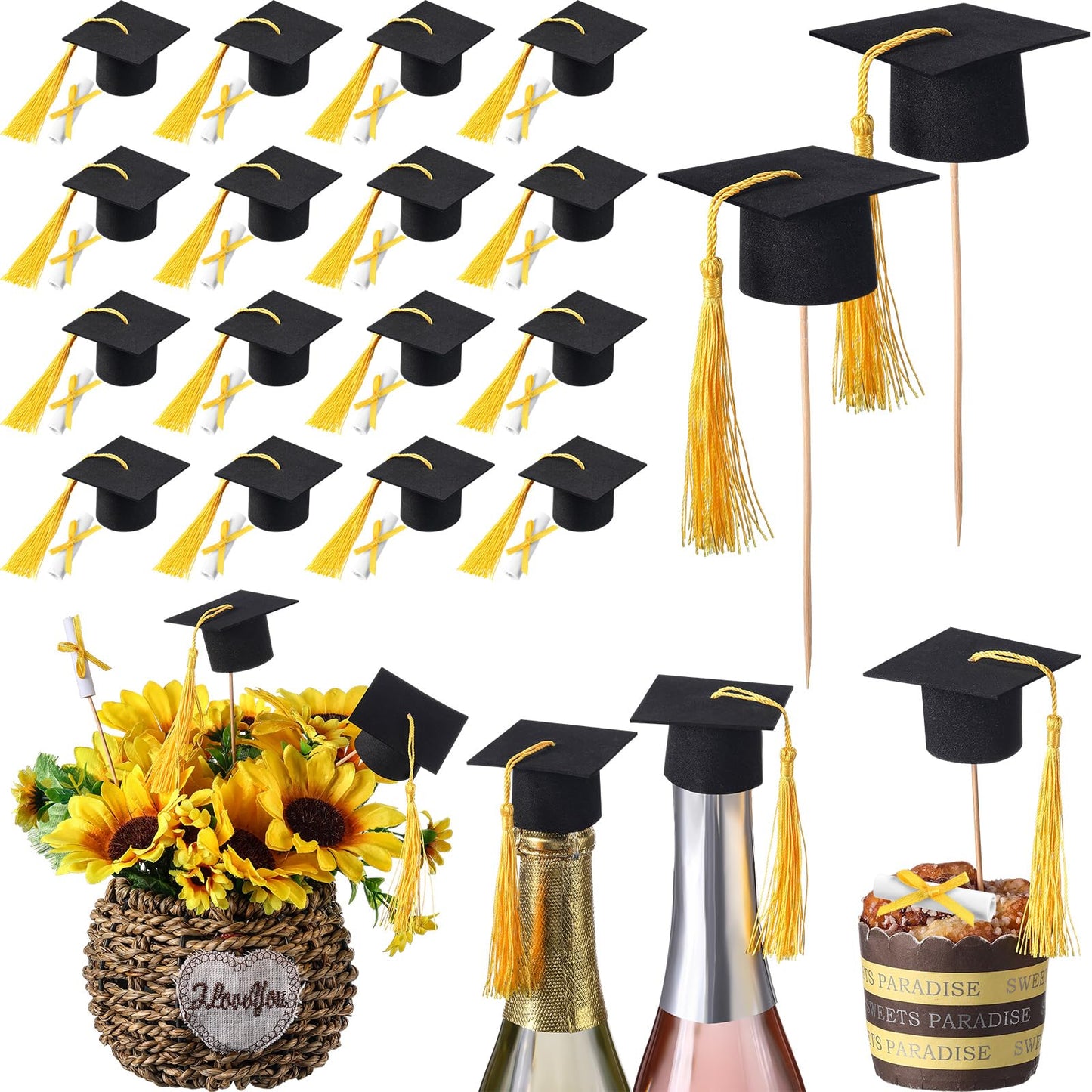 Funtery 36 Pcs Mini Graduation Hats Cupcake Toppers Graduation Scroll Decorations Black Grad Caps with Yellow Tassels Cupcake Toppers Bottle Decor for Graduate Party Supplies