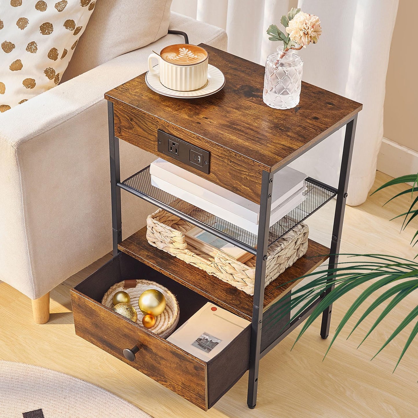 HOOBRO End Table and Nightstand Bundle, Small Side Table with 2-Tier Storage Shelves, End Table with Charging Station, BF91BZ01-BF209UDBZ01