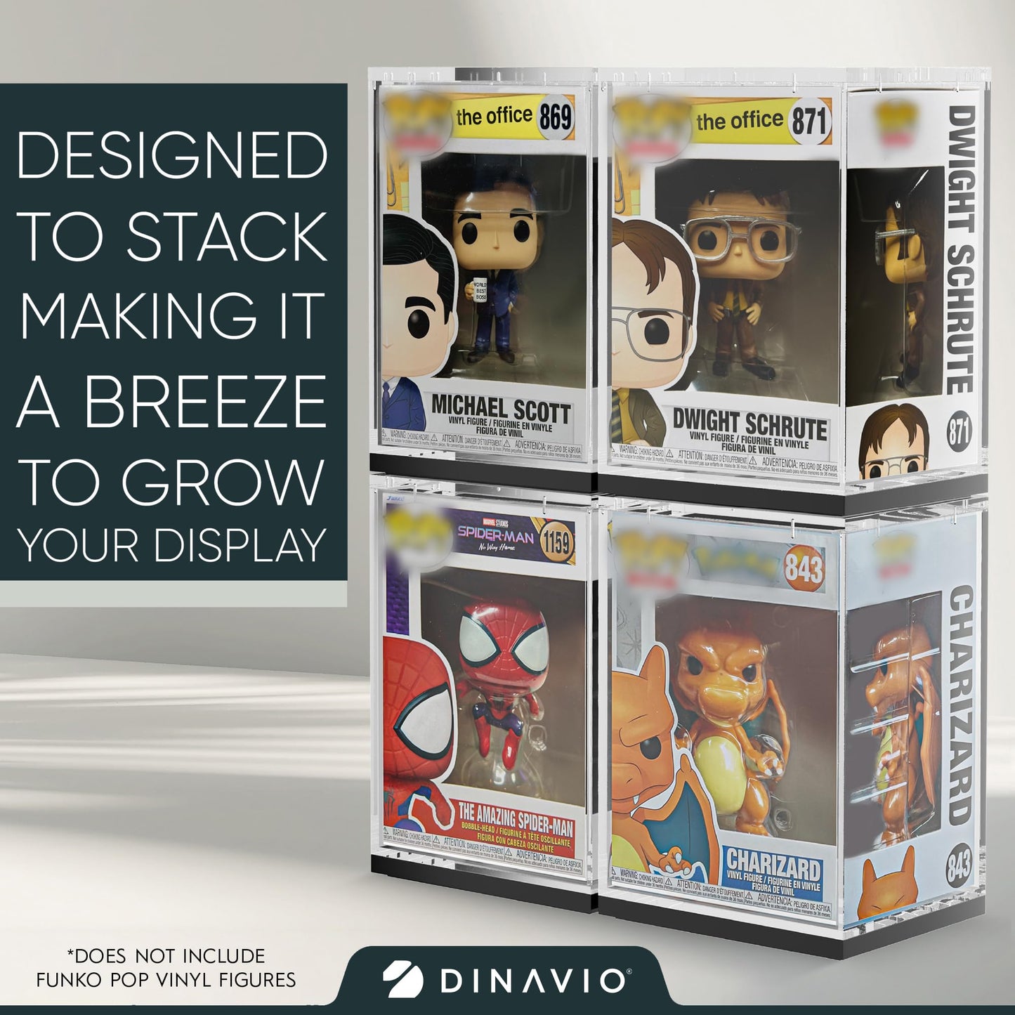 Dinavio Crafthouse Funko Pop Protector - Acrylic Display Case - Sturdy Stackable Design - 4mm Case for 4" Vinyl Figures - Black Base