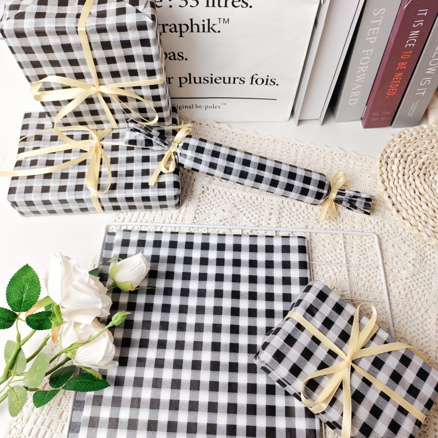 150 Sheets Buffalo Plaid Tissue Paper Gingham Black and White Checkered Tissue Paper Bulk Gift Bags Wrapping Tissue for Christmas DIY Art Craft Wedding Birthday Baby Shower Decor, 14 x 20 Inches