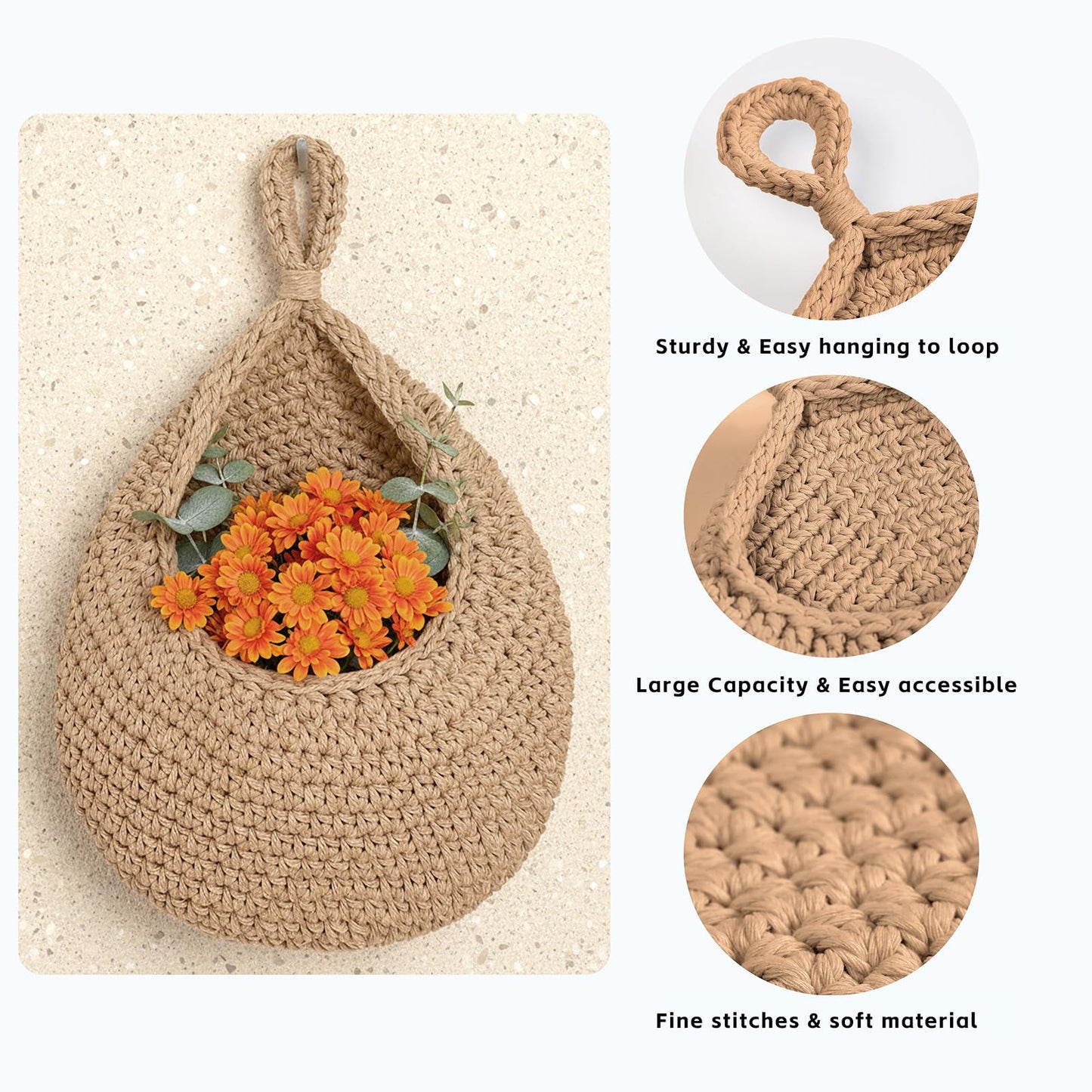 Hanging Storage Baskets Boho Decor Set of 3, Handmade Cotton Rope Wall-Mounted Fruit & Vegetable Baskets, Decorative Hanging Organizers for Kitchen, Entryway, Bathroom & Bedroom