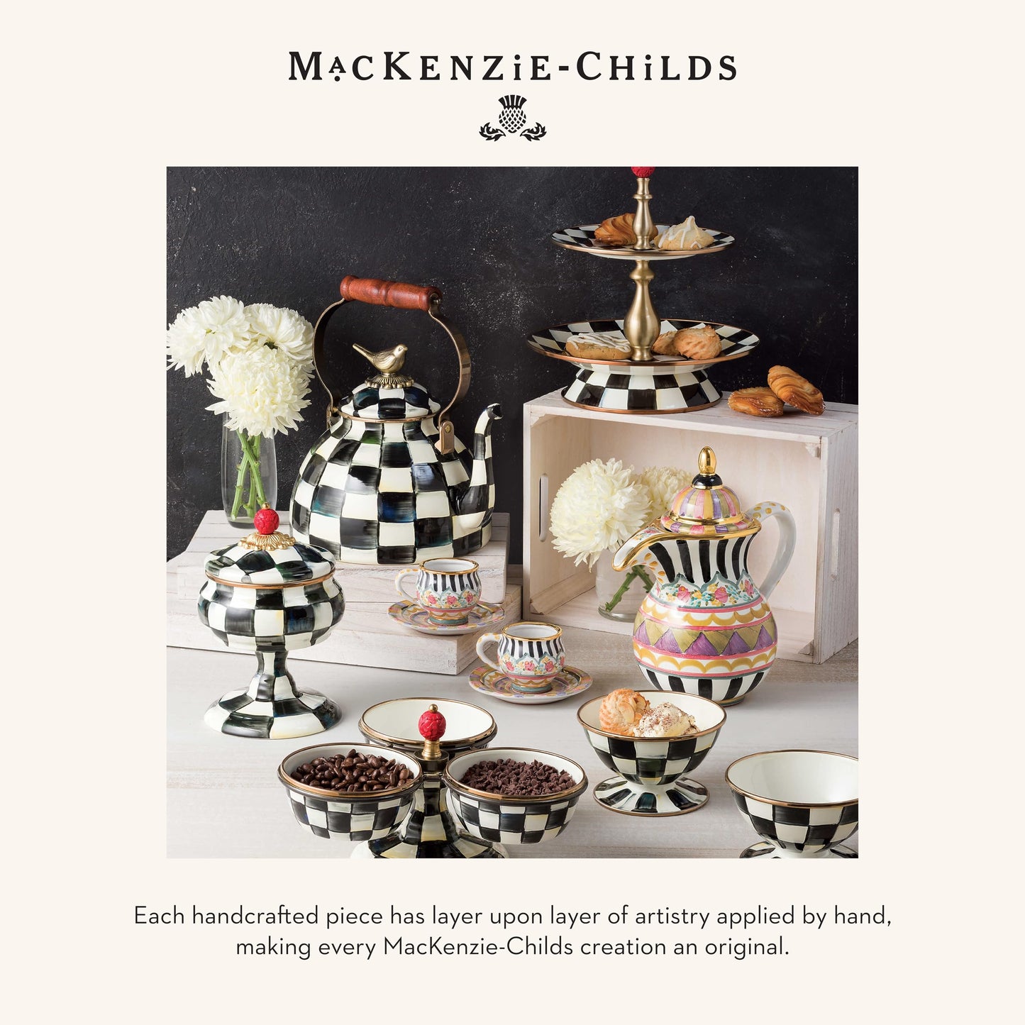MACKENZIE-CHILDS Cocktail Napkin Holder, Kitchen Napkin Holder for Table and Countertop, Black-and-White Courtly Check