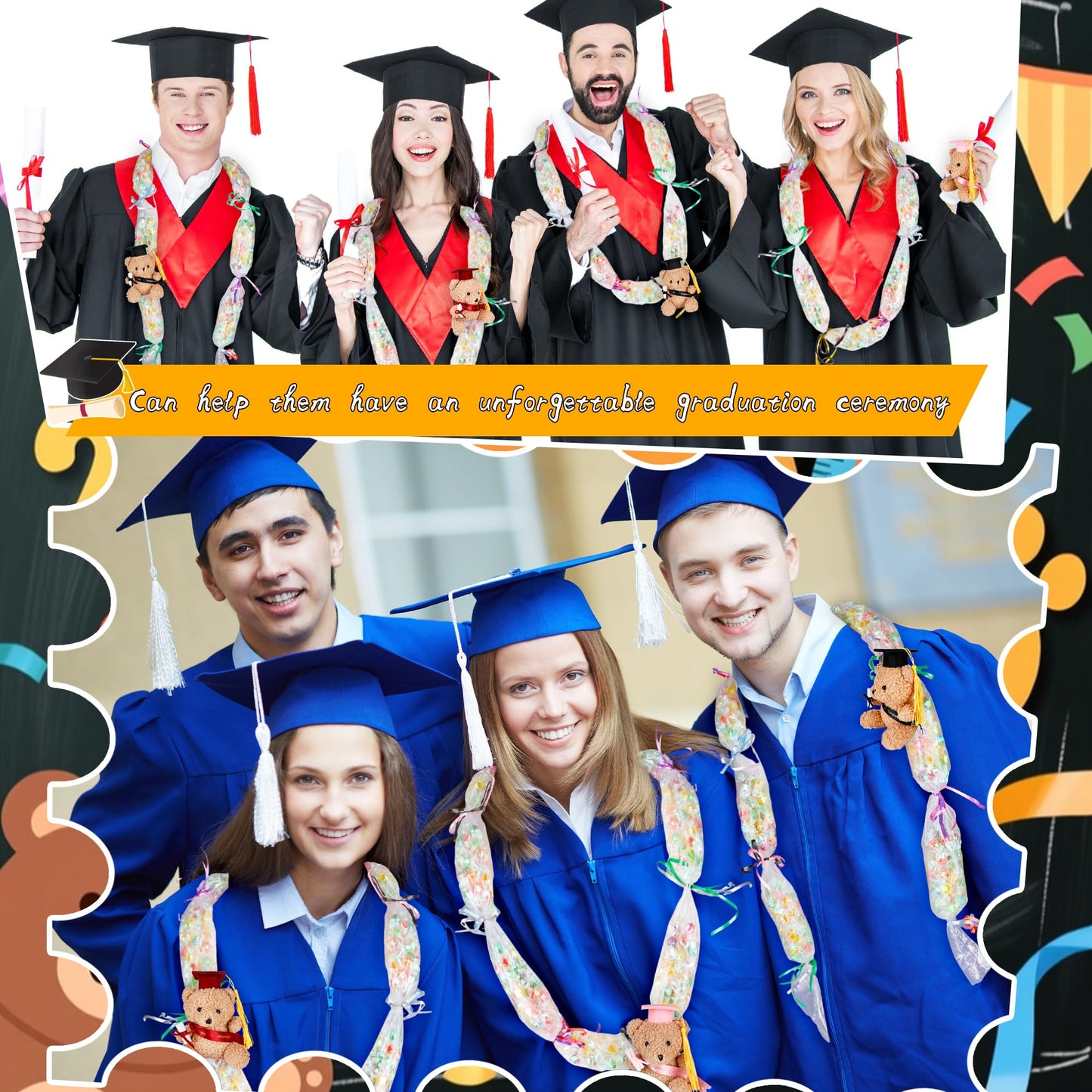 Mikasee 22 Pcs Graduation Candy Lei Making Kit 6 Graduation Lei Bags 6 Mini Graduation Bear Stuffed Graduated Bears 10 Ribbon Wrapping for School Graduation Wreaths (Red Set 1)
