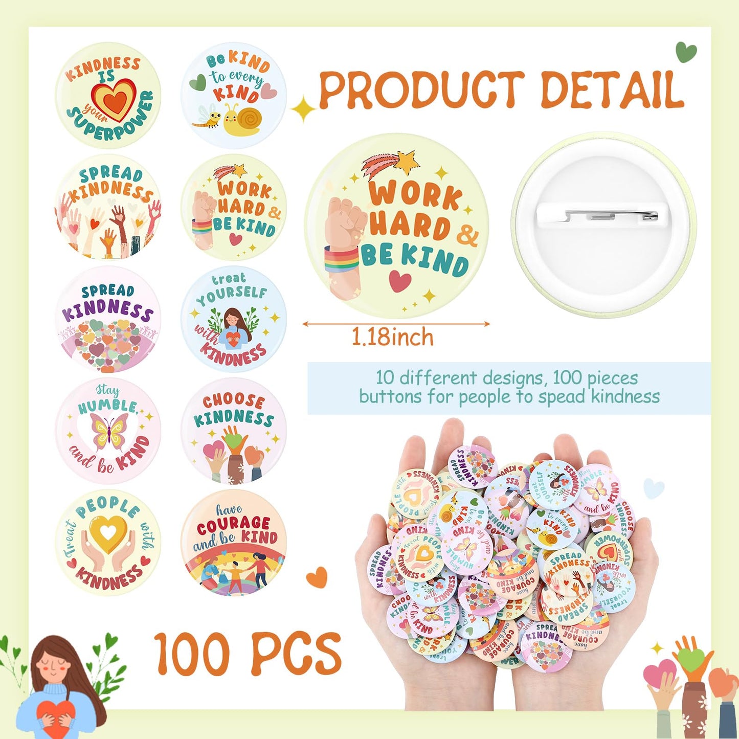 Glitinsel 100 Pcs Reading Awards/Be Kindness Pins Back to School Funny Reading Prizes Kindness Book Lover Round Buttons Pins Positive Incentive Reward Prizes for Students Classroom(Kindness)