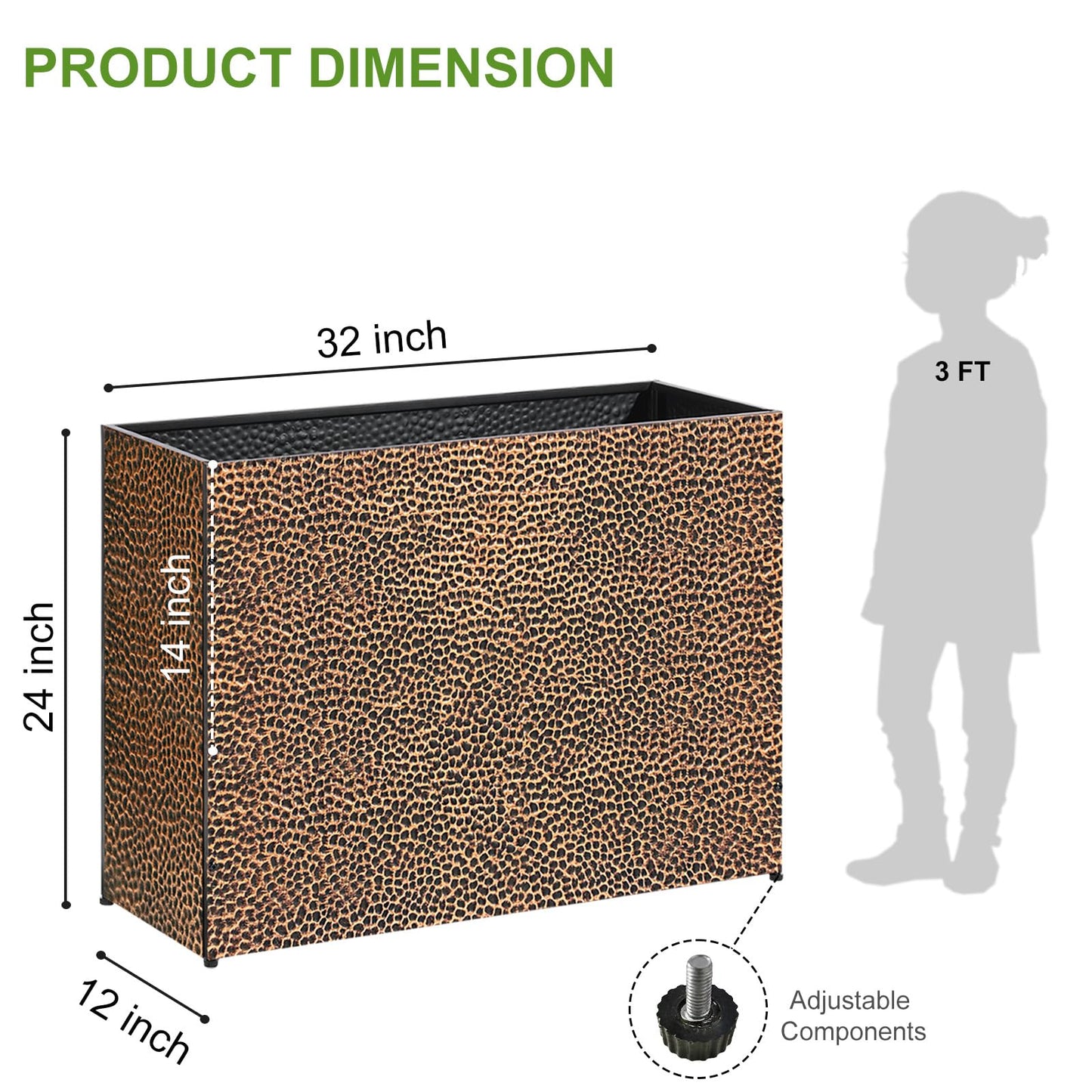 BAYN 32x12x24 Inch Rectangular Metal Planter Box – Bronze Hand-Hammered Metal Planter with Pre-Drill Holes, Heavy Duty Outdoor Garden Planter for Patio, Porch, Yard