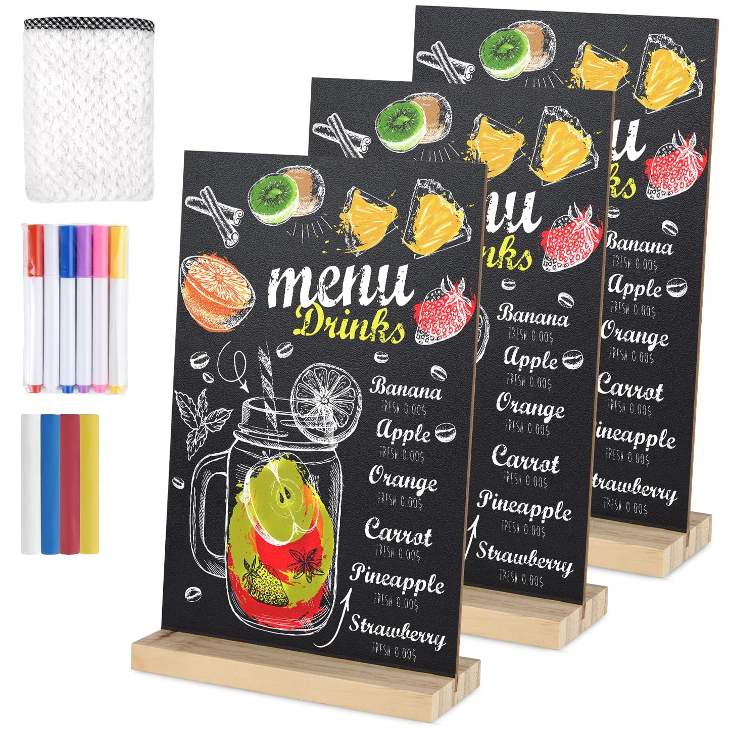 BOUBONI 3 Packs Small Chalkboard Sign 5.1x7.9 Inch With Wood Base - Double-Sided Message Boards Menu Stand for Kitchen, Wedding, Bar and Restaurant