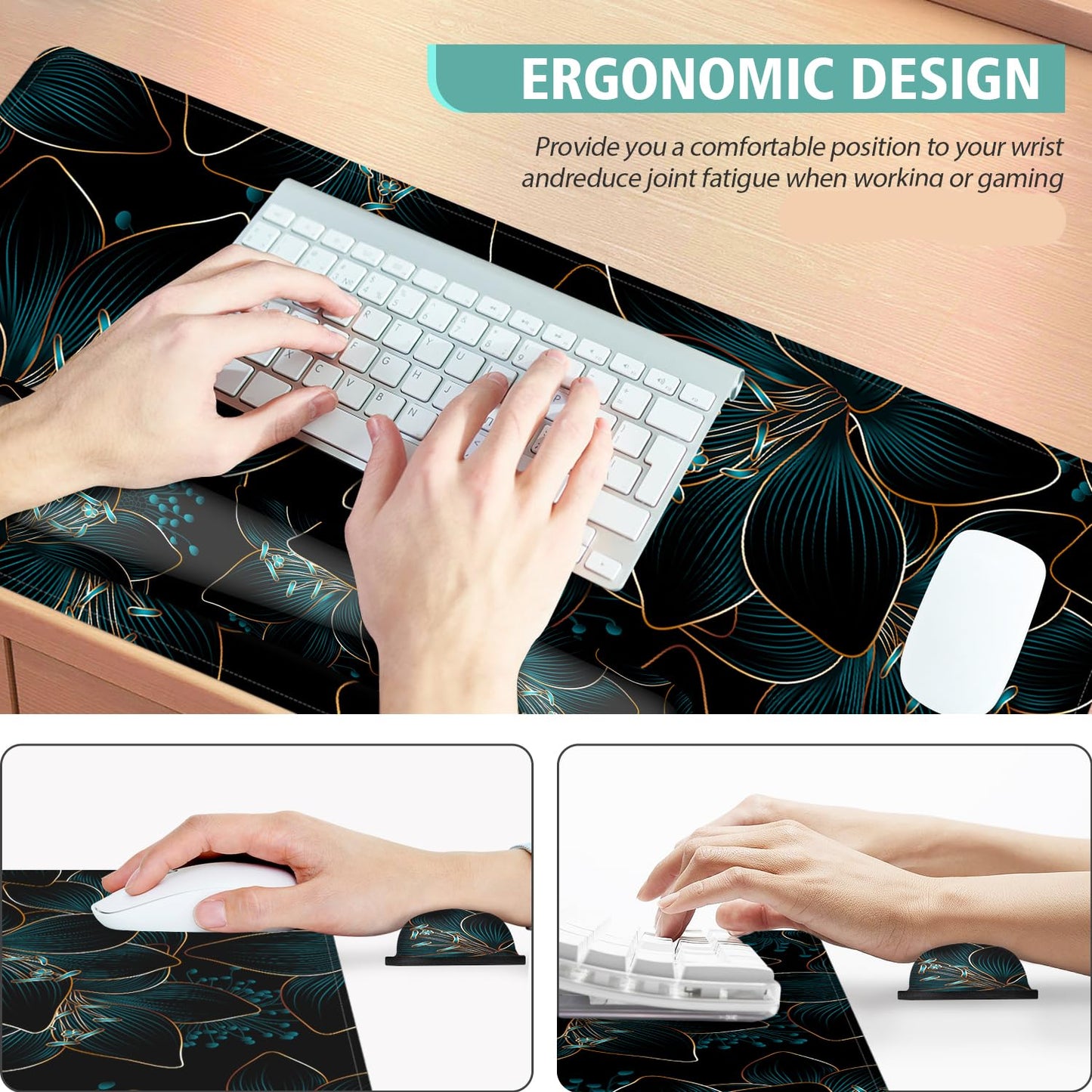 Keyboard Mouse Pad Set,Large Gaming Mouse Pad+Keyboard Wrist Rest+Wrist Rest+Coaster,Computer Desk pad Set Wrist Support for Office Desktop Laptop. (35.4" x 15.7") Extended Desk Mat (Floral)