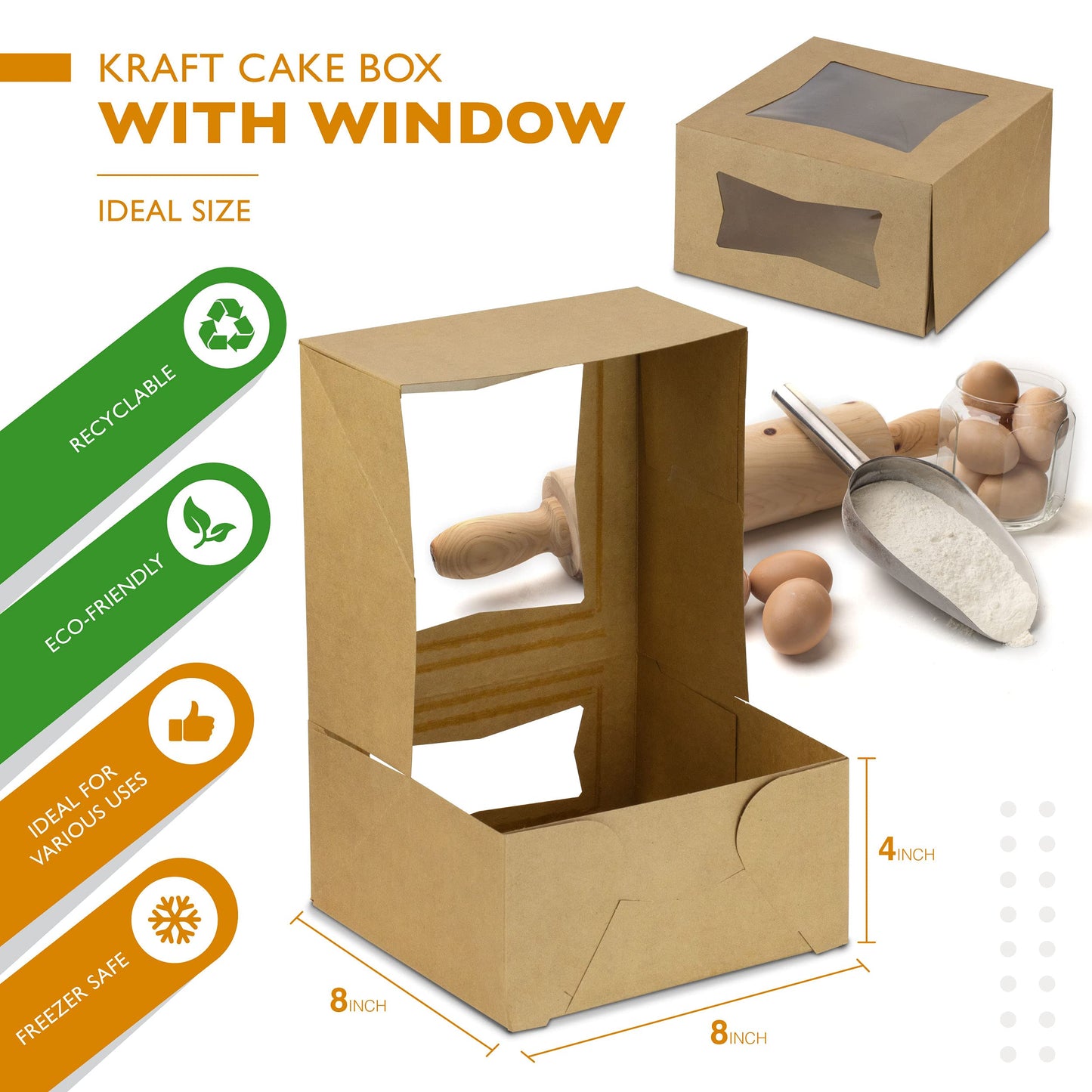 Fit Meal Prep 25 Pack Cake Boxes with Window 8x8x4 Auto Pop-Up Bakery Containers for Dessert, Cookies, and Pastry Gift Treat Box for Packaging Cake Carrier for Valentine's Day, Christmas Kraft