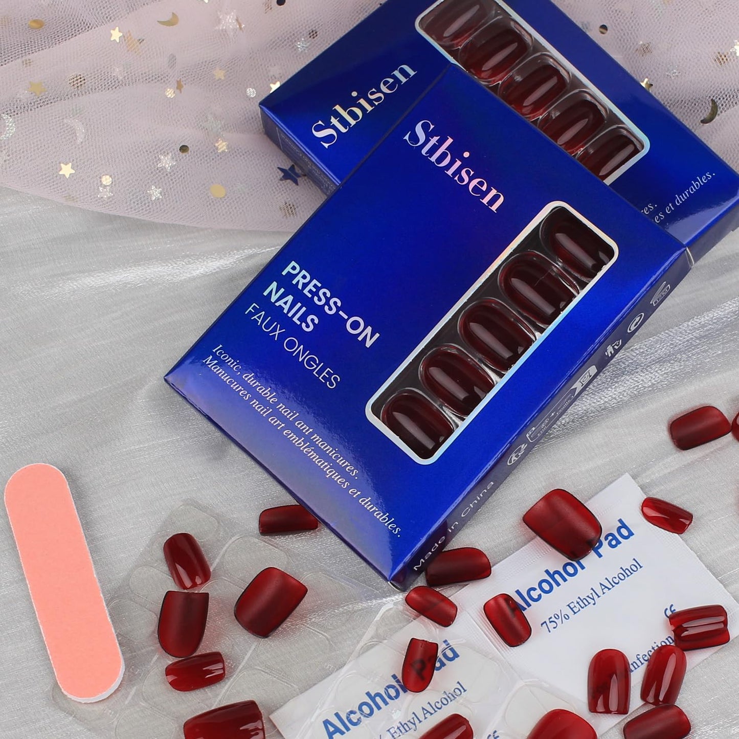 Stbisen Wine Red Press On Nails Short Square, 30Pcs 15 sizes, Glossy Burgundy Fake Nails, Reusable Thick Natural Glue On Nails for Women Gift, Suitable for Work, Office Settings, and Everyday, 30Pcs