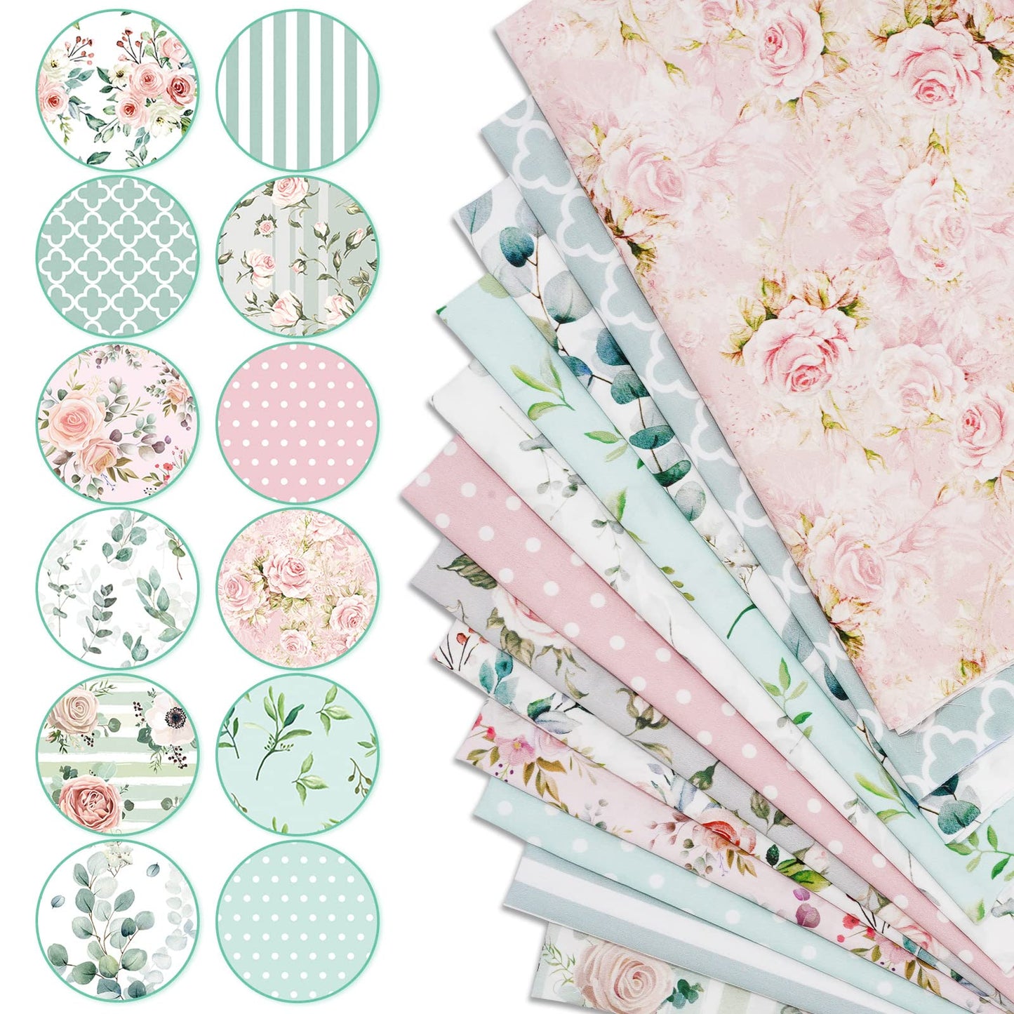 Whaline 12 Pcs Cotton Fabric Bundles Floral Greenery Fabric Square Pink Green Retro Flower Sewing Fabrics for Spring DIY Handmade Craft Decor, 14 x 14 in