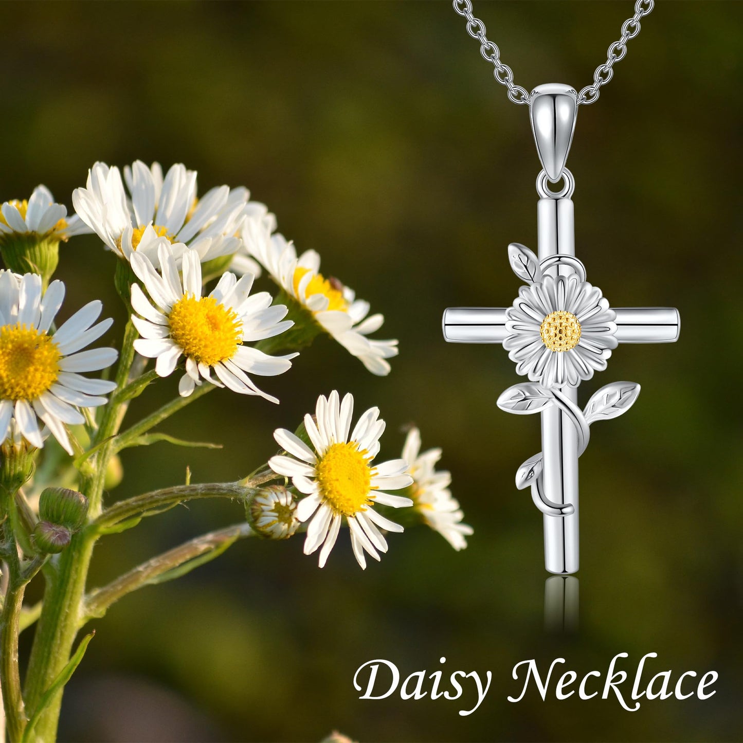 JERWLI Daisy Necklace 925 Sterling Silver Daisy Cross Pendant Necklace April Birth Flower Jewelry for Women