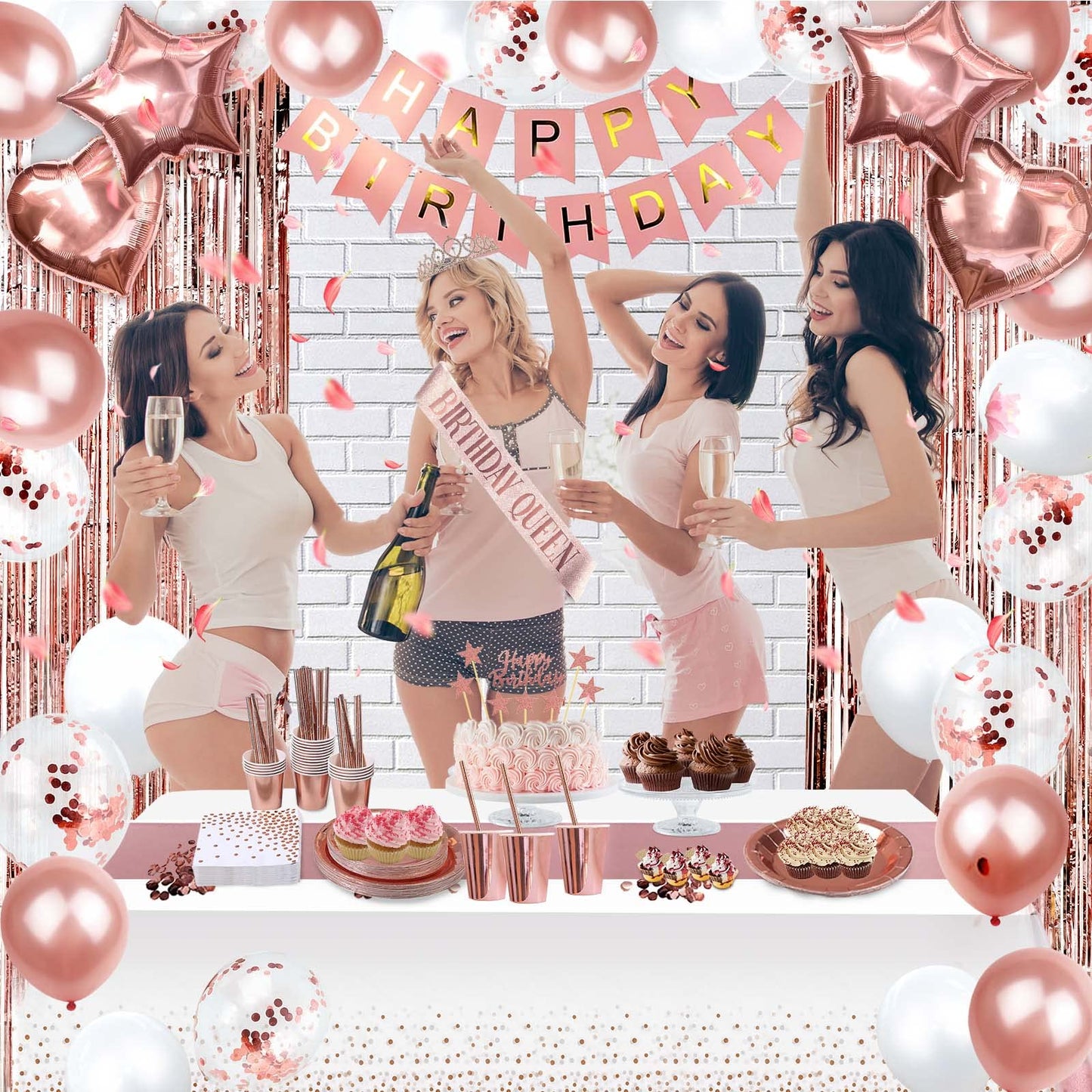Party spot! 253 Pcs Birthday Decorations For Women, Rose Gold Party Decorations, Happy Birthday Decorations - Balloon Stand Kit, Tableware Kit,Pump, Banner, Tassel Curtain,Balloon, For 25 Guests