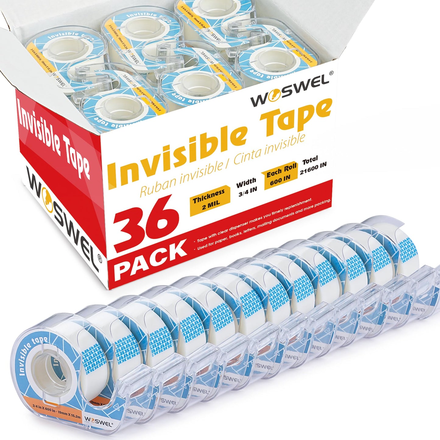 WOSWEL Tape Refills with Dispenser, 36 Roll Invisible Tapes, 3/4 Inch X 600 in, Gift Wrapping Tapes Supplier for Home School Office Use